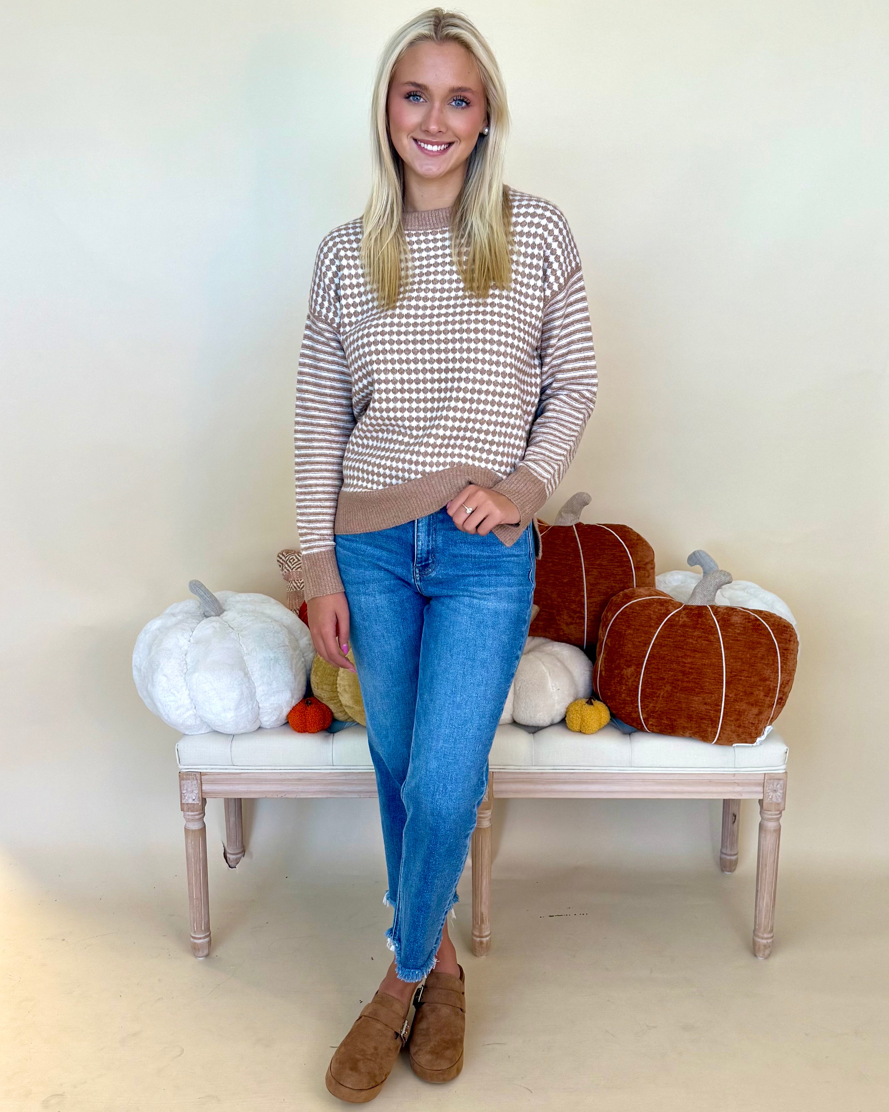 For Good Reason Lt Camel Checkerboard Sweater-Shop-Womens-Boutique-Clothing