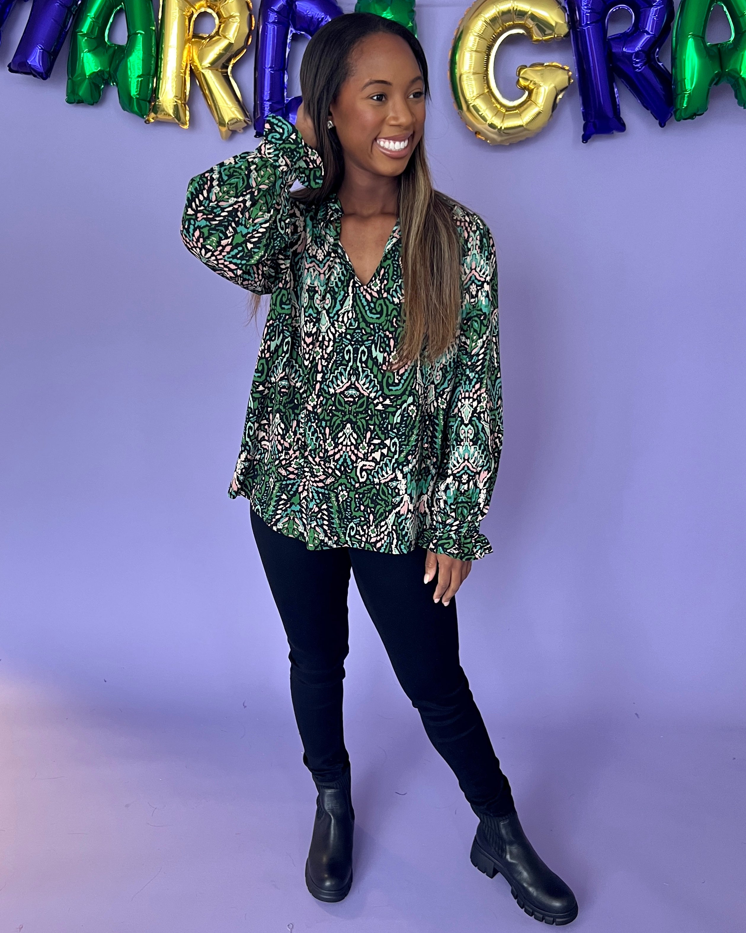 New Chapter Green Printed Split Neck Top-Shop-Womens-Boutique-Clothing