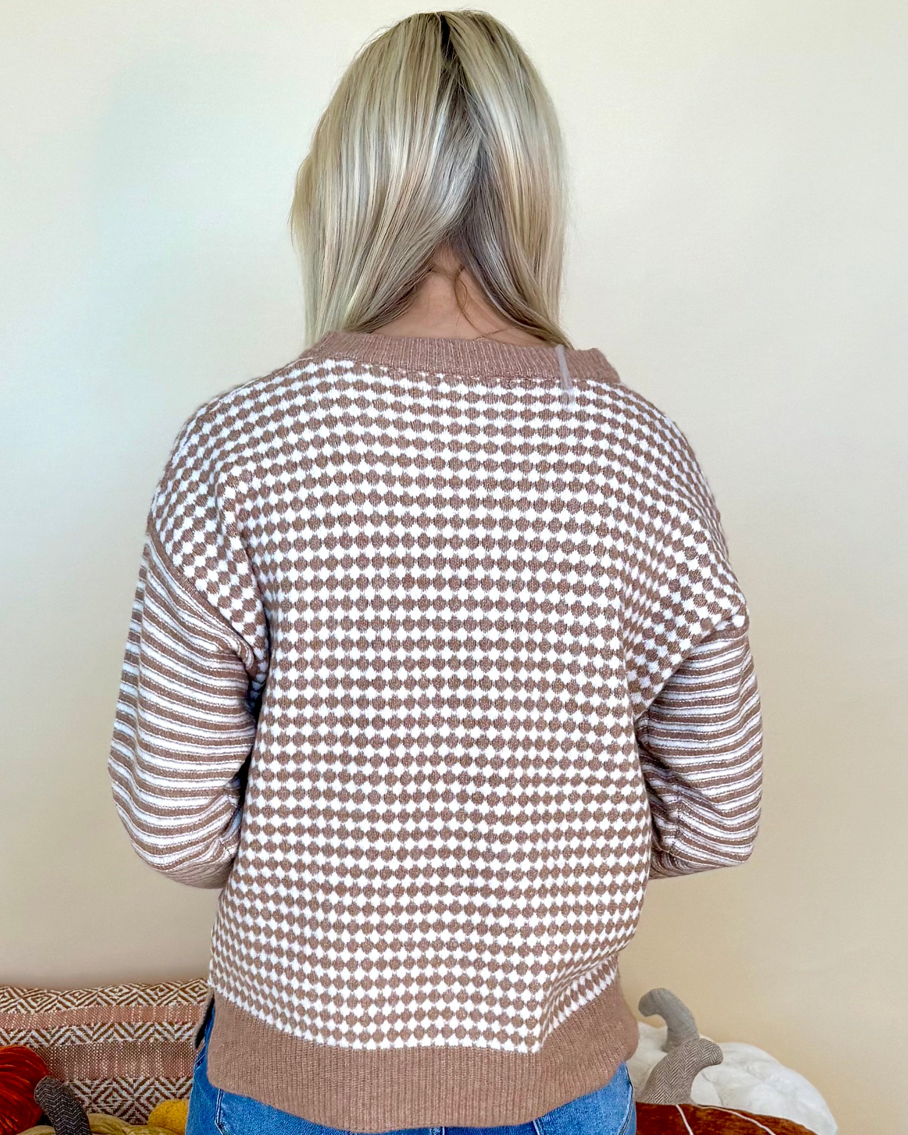 For Good Reason Lt Camel Checkerboard Sweater-Shop-Womens-Boutique-Clothing