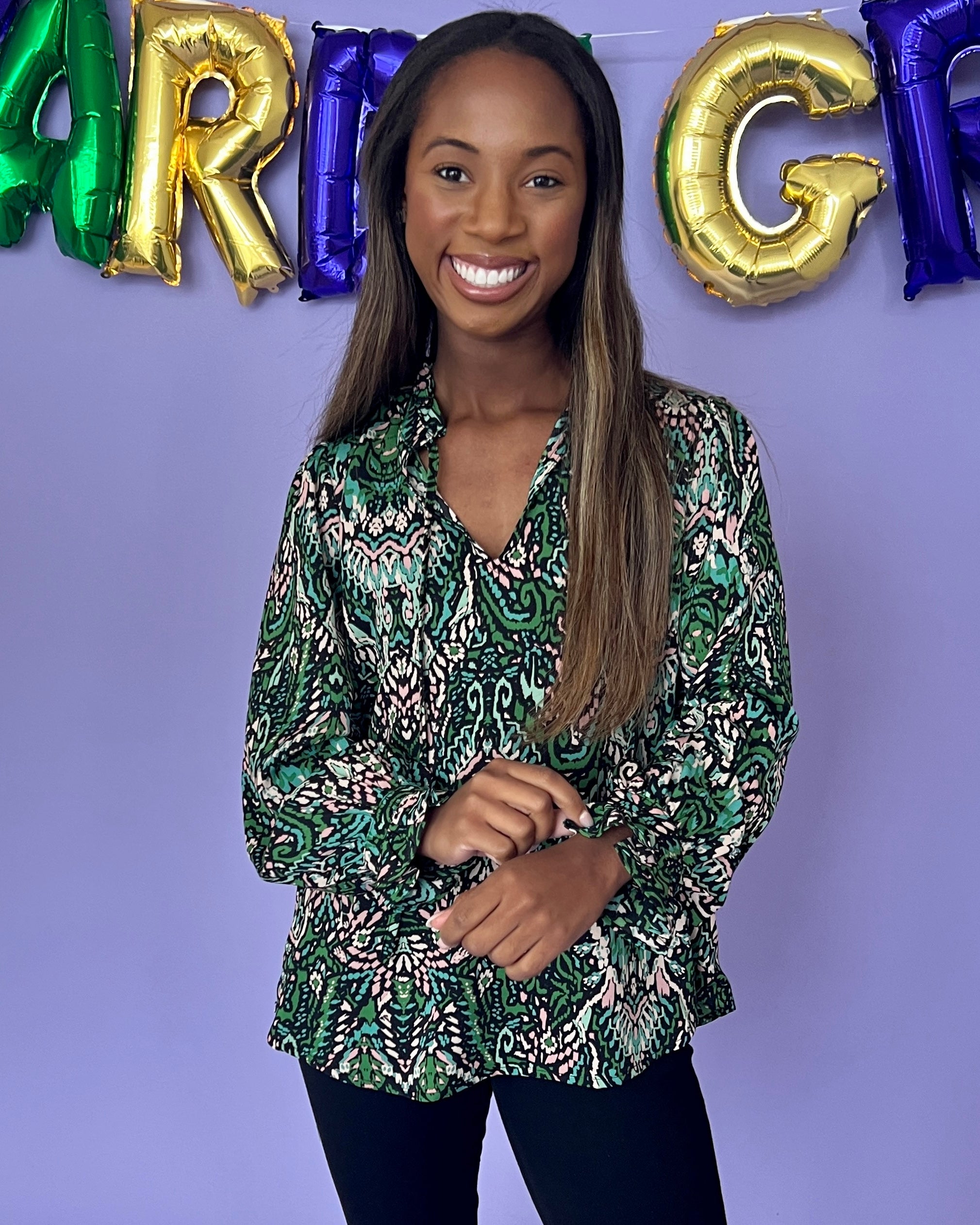 New Chapter Green Printed Split Neck Top-Shop-Womens-Boutique-Clothing