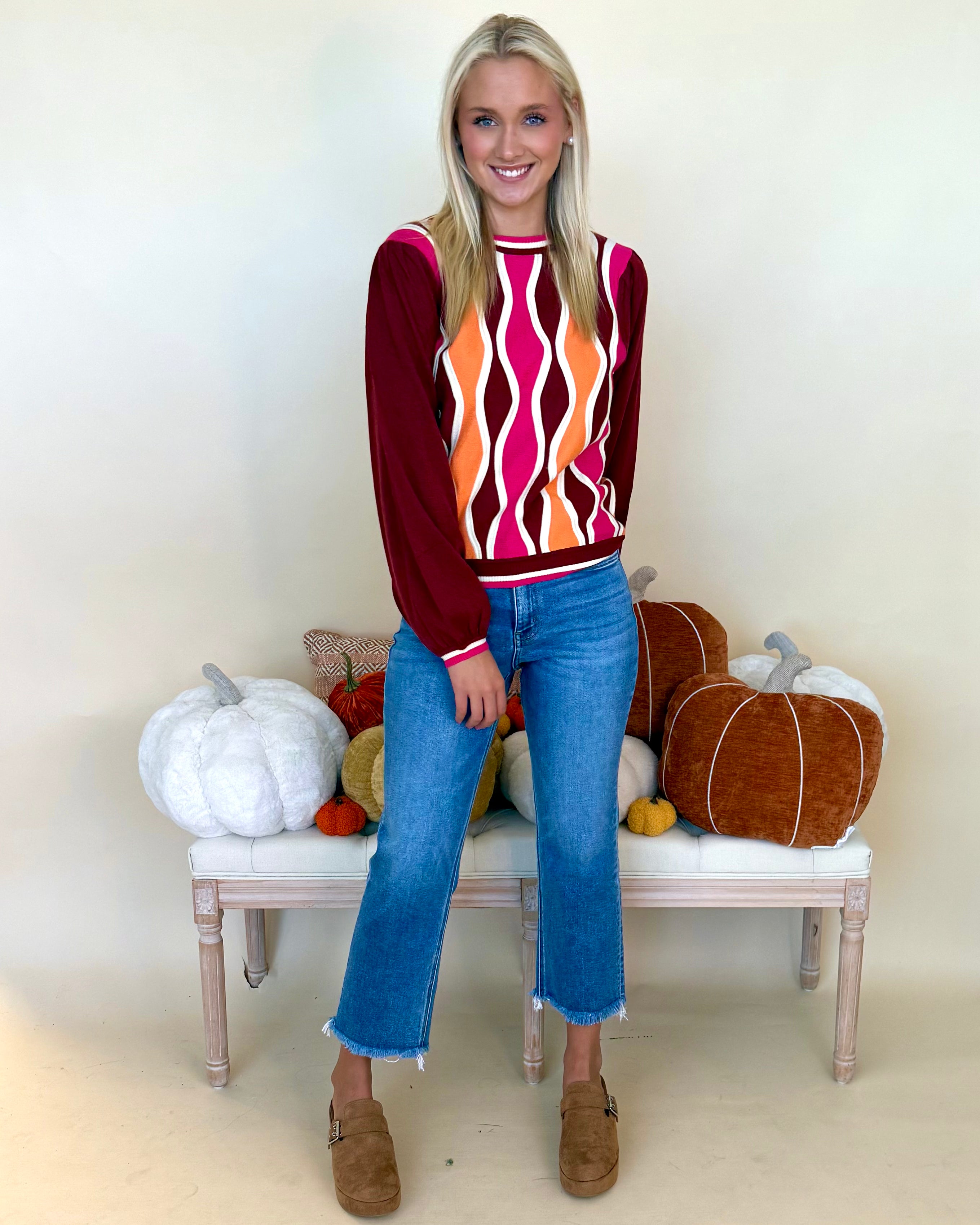 Full Of Faith Wine Colorblock Wave Sweater-Shop-Womens-Boutique-Clothing