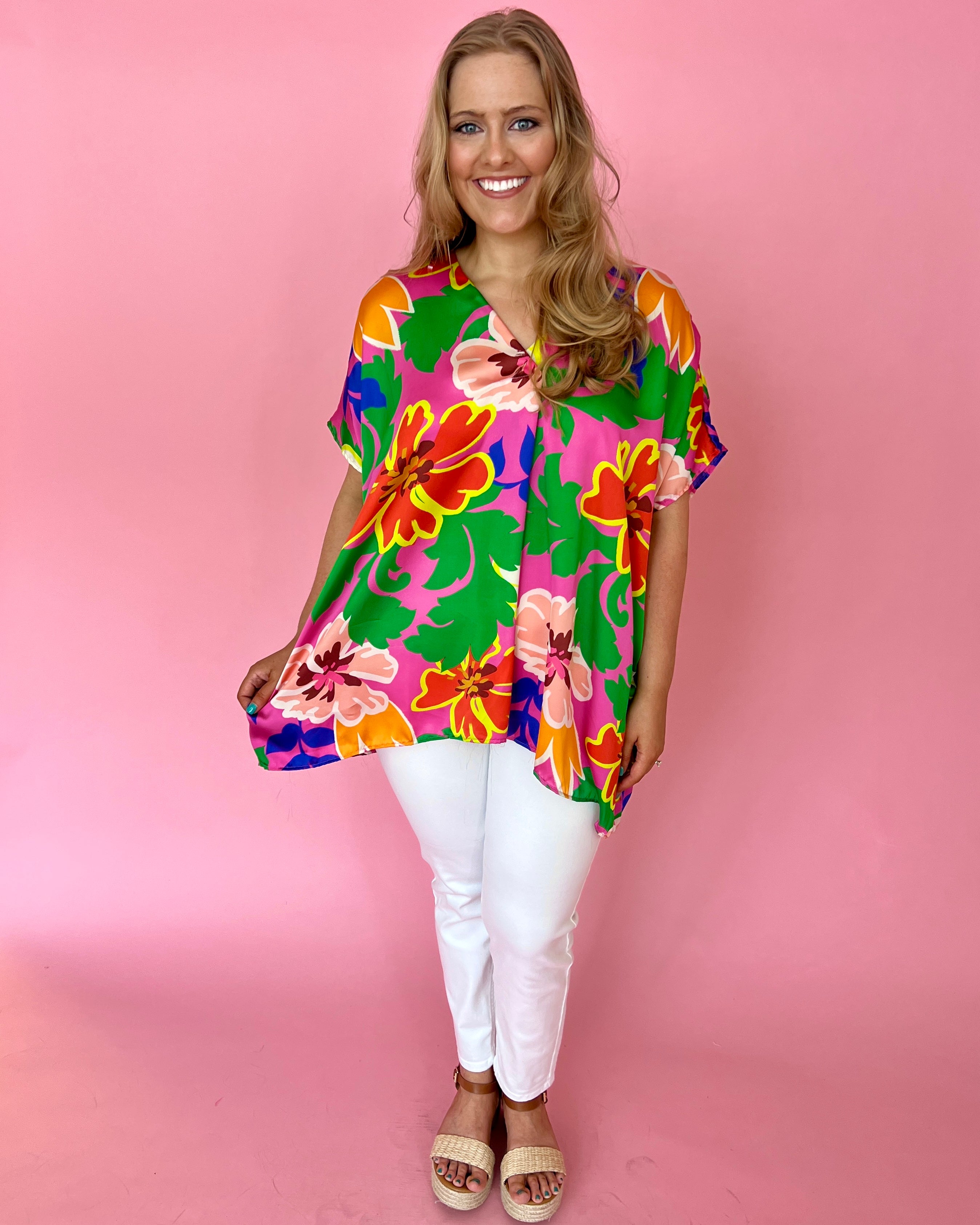 Lucky One Hot Pink Combo Plus Floral V-Neck Top-Shop-Womens-Boutique-Clothing