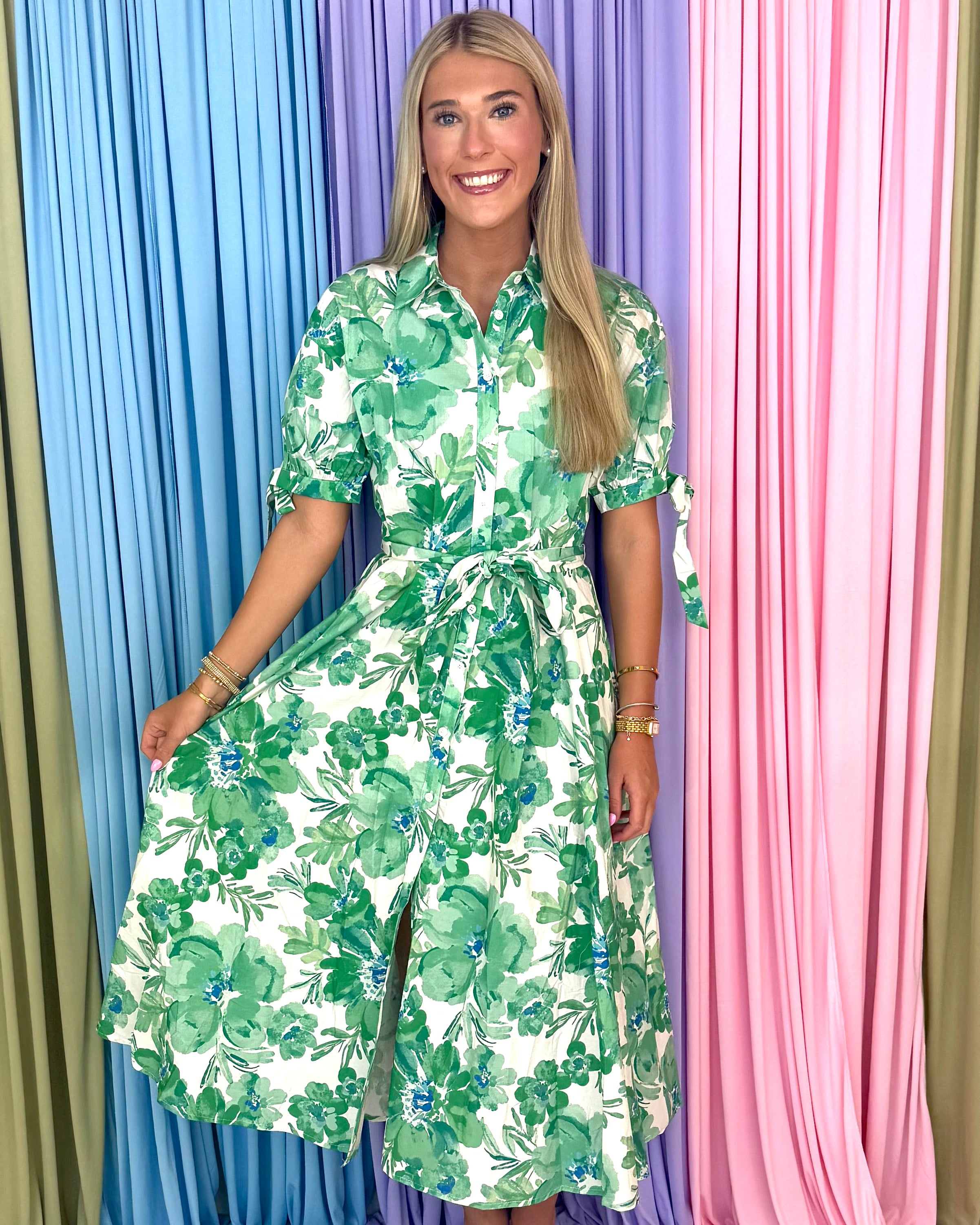 Simple Moment Ivory Green Floral Midi Shirt Dress-Shop-Womens-Boutique-Clothing