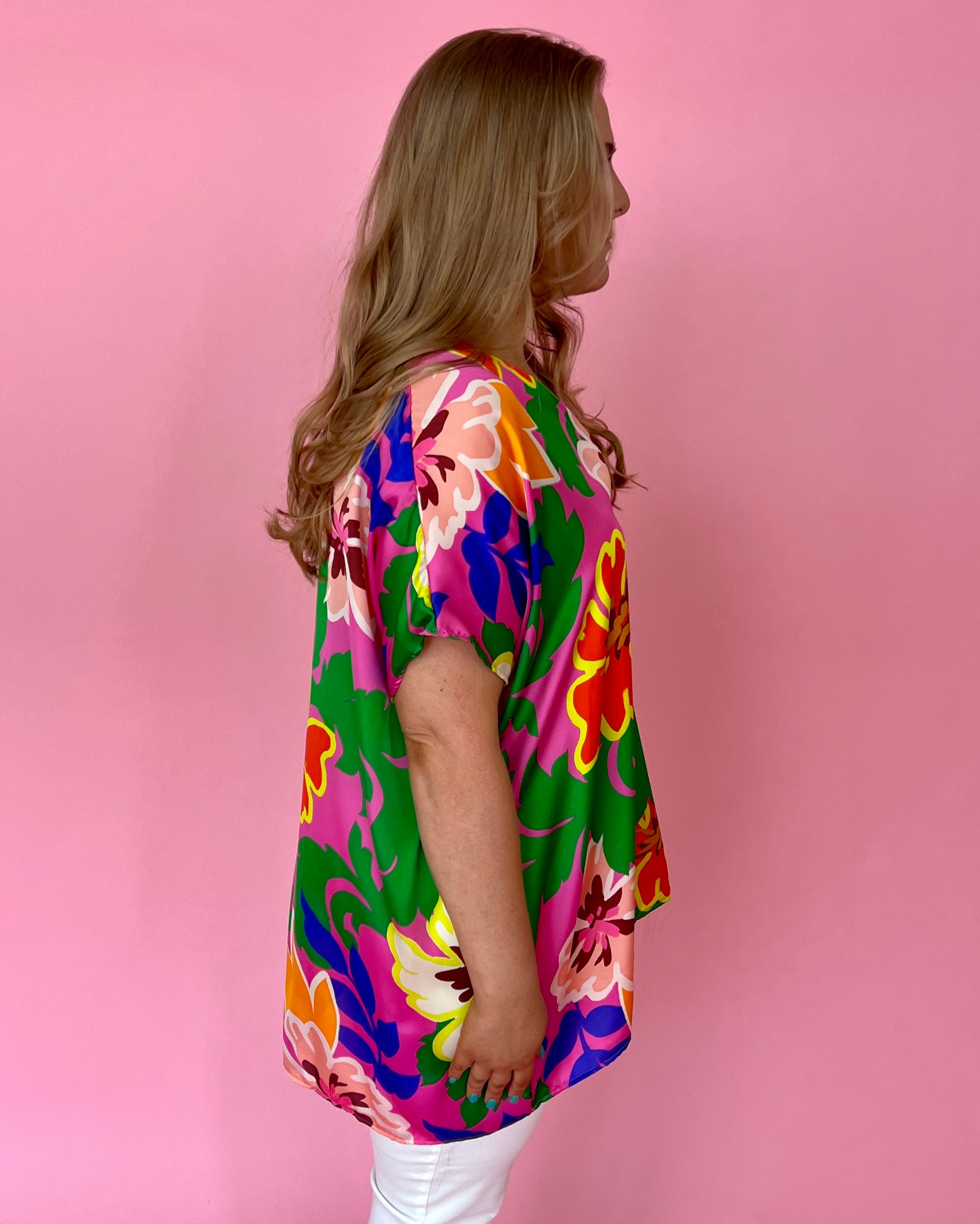 Lucky One Hot Pink Combo Plus Floral V-Neck Top-Shop-Womens-Boutique-Clothing