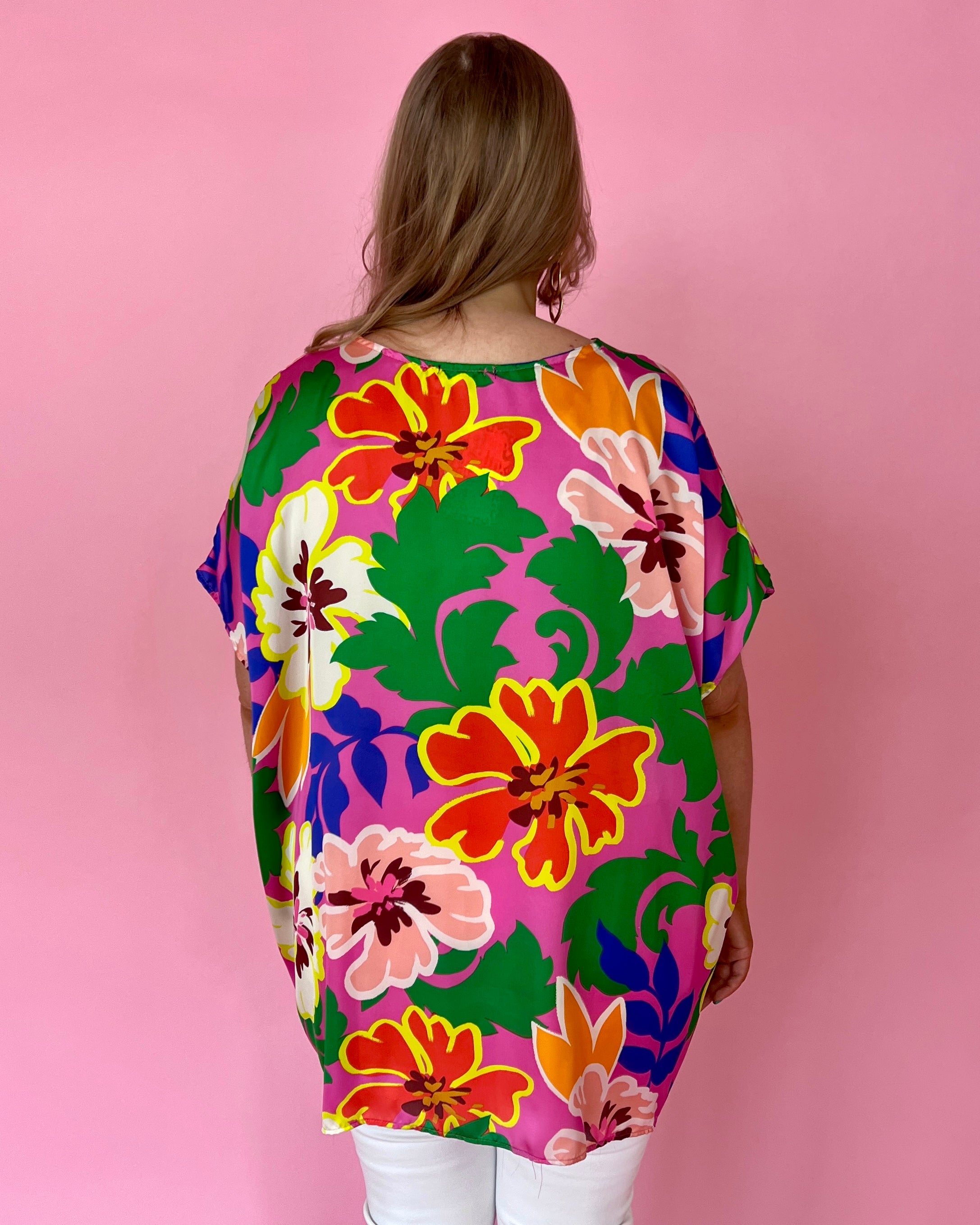 Lucky One Hot Pink Combo Plus Floral V-Neck Top-Shop-Womens-Boutique-Clothing