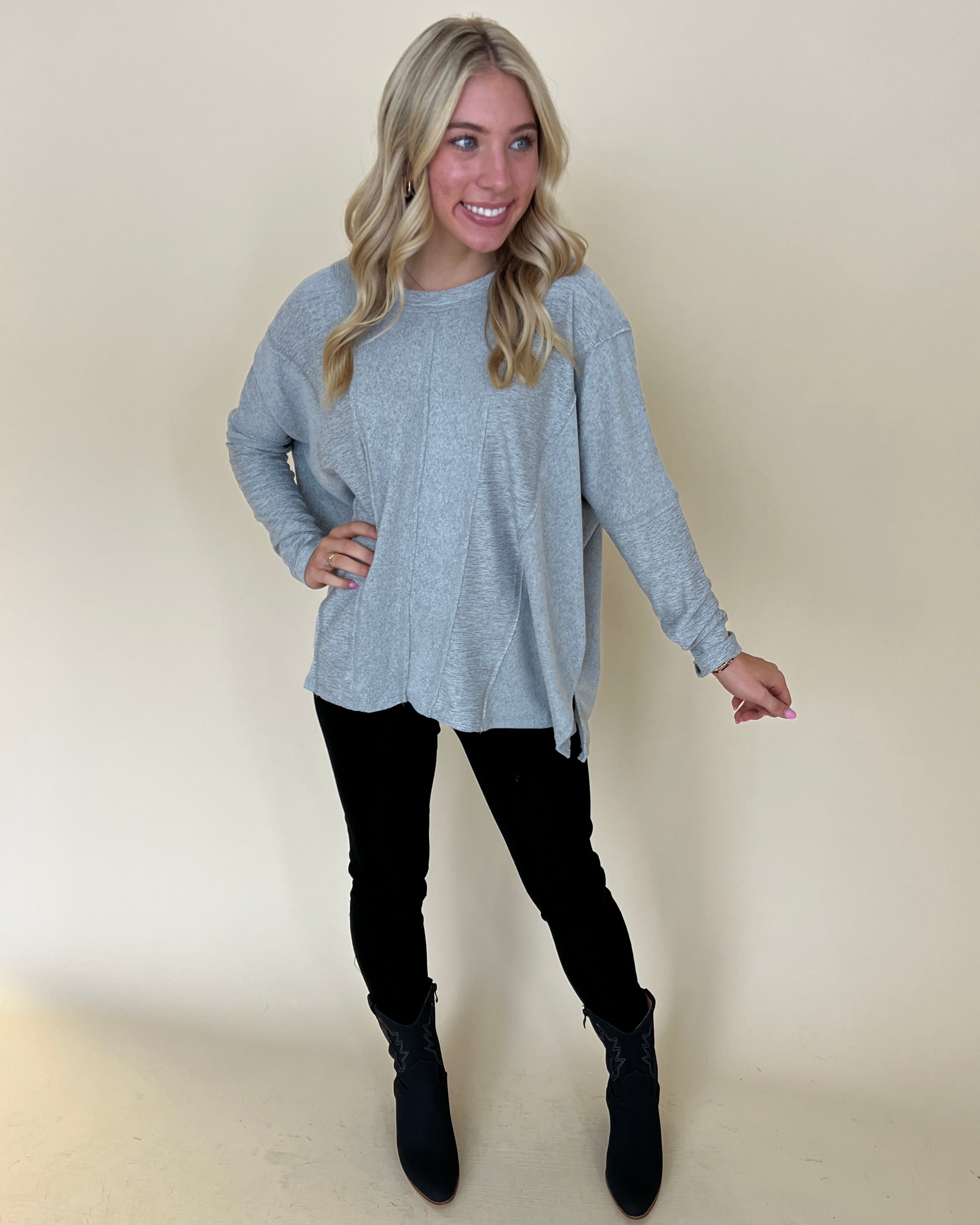 Gather Around H Grey Heathered Knit Top-Shop-Womens-Boutique-Clothing
