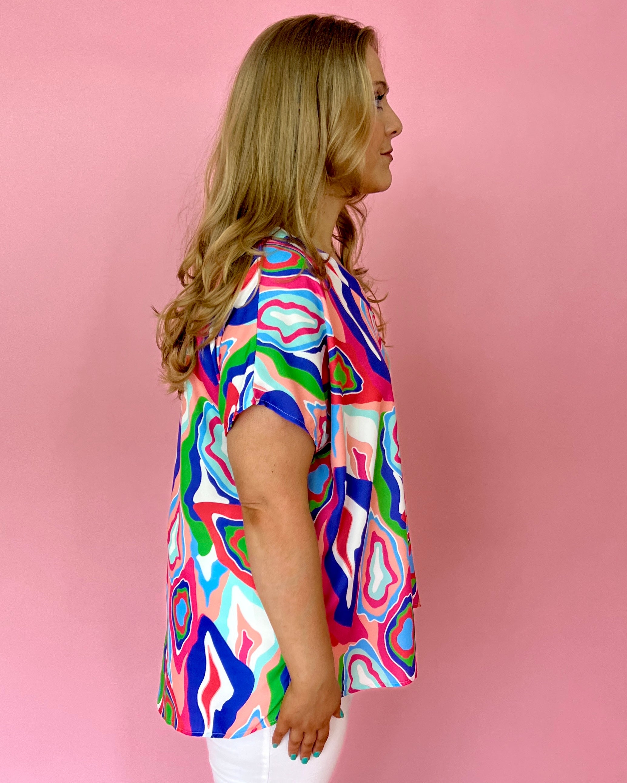Let's Go Party Multicolor Plus Abstract Print V-neck Top-Shop-Womens-Boutique-Clothing