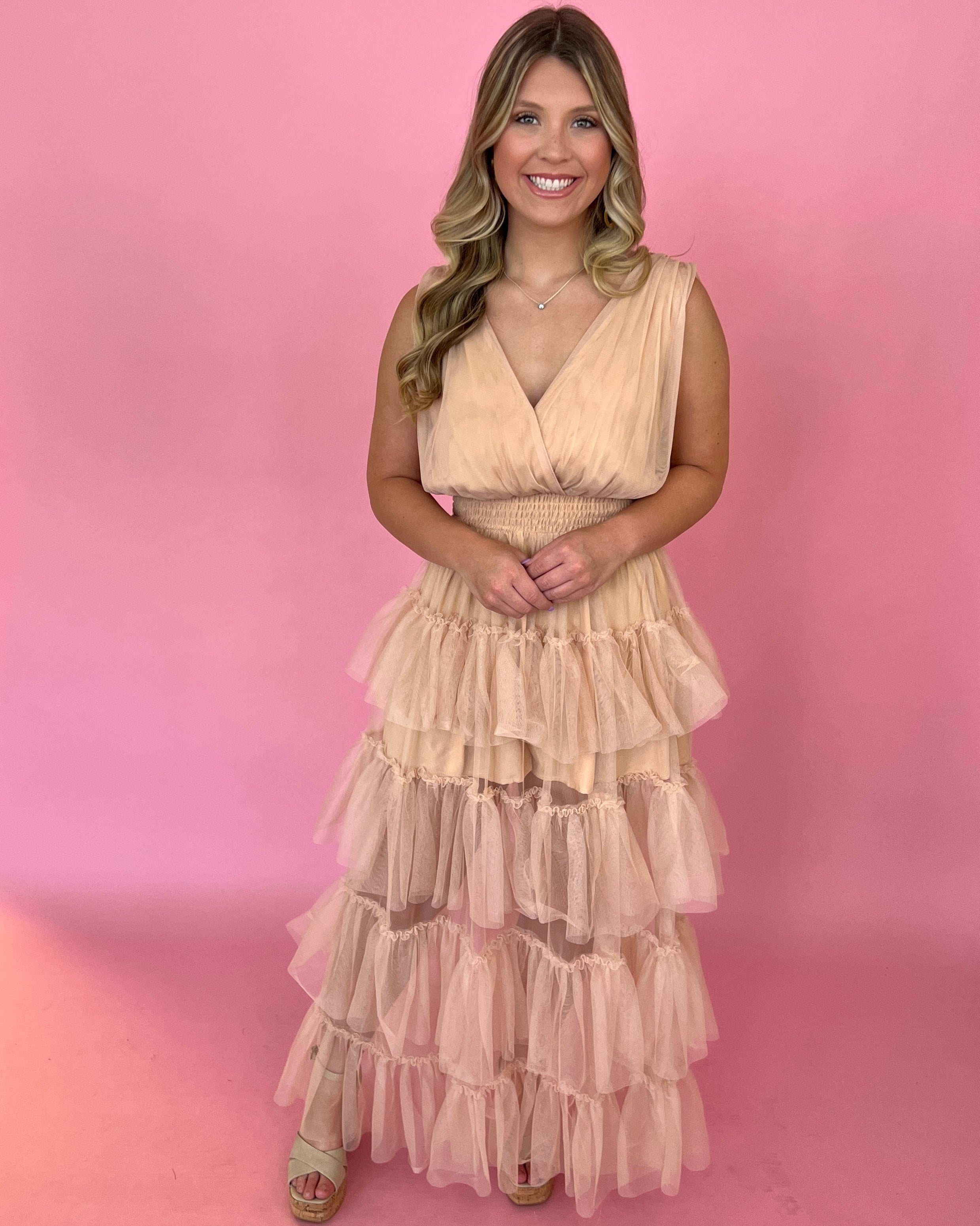 Elegance Is Beauty Nude Ruffle Detailed Tulle Dress-Shop-Womens-Boutique-Clothing