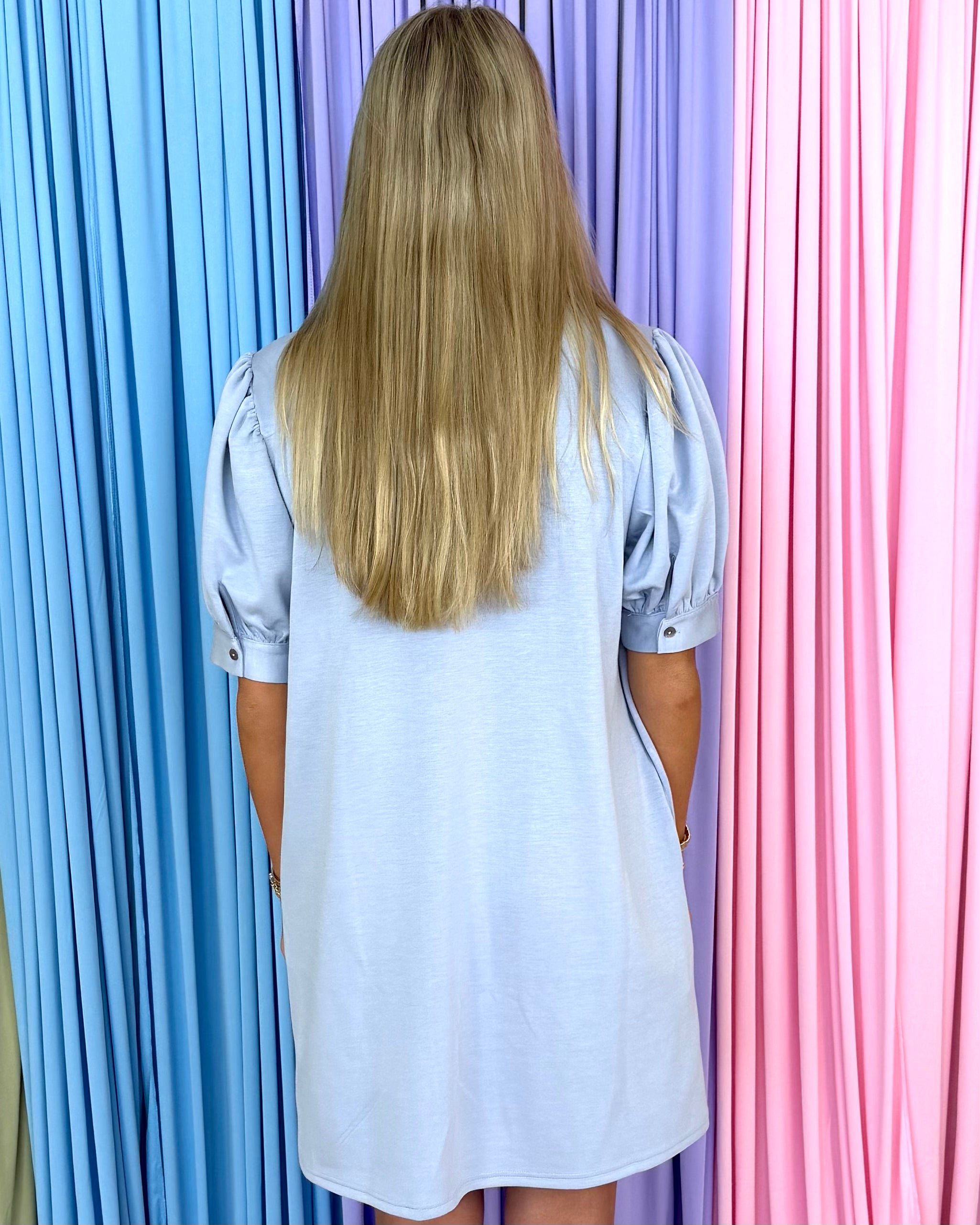 Totally Sweet Light Blue Puff Sleeve Dress-Shop-Womens-Boutique-Clothing