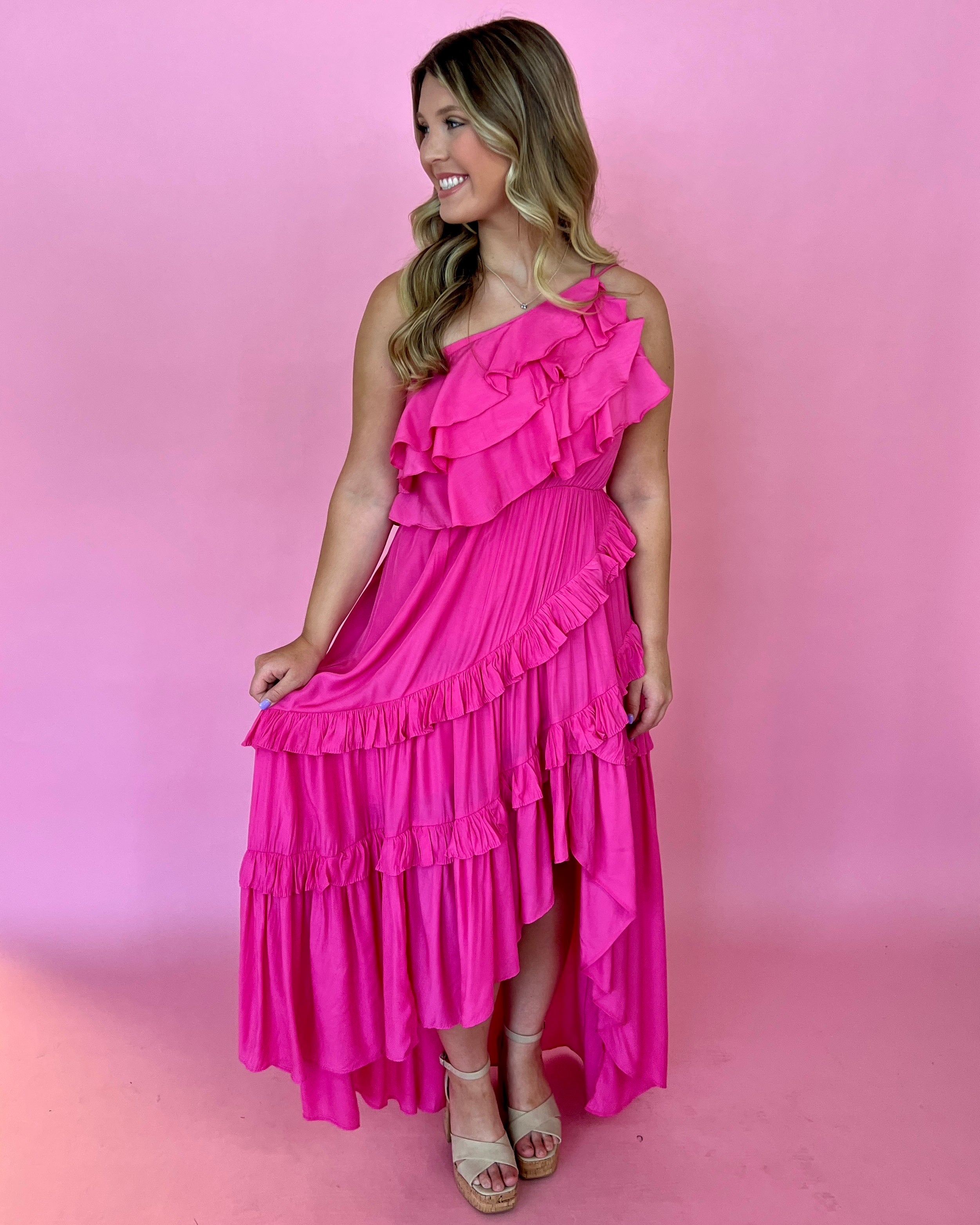 This Is Our Place Doll Pink Asymmetric Ruffle Dress-Shop-Womens-Boutique-Clothing