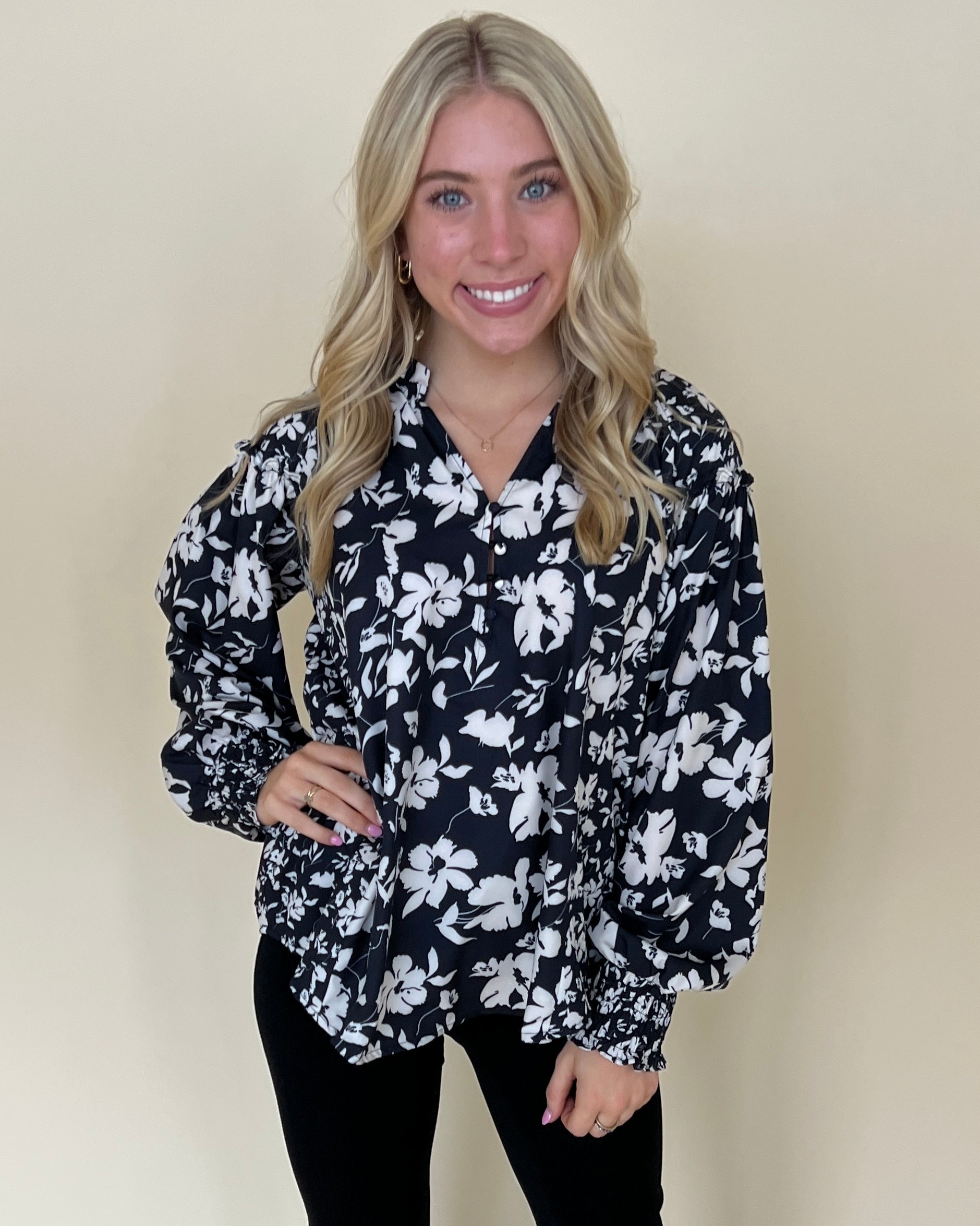 Never Late Black Mix Floral Smocked Top-Shop-Womens-Boutique-Clothing