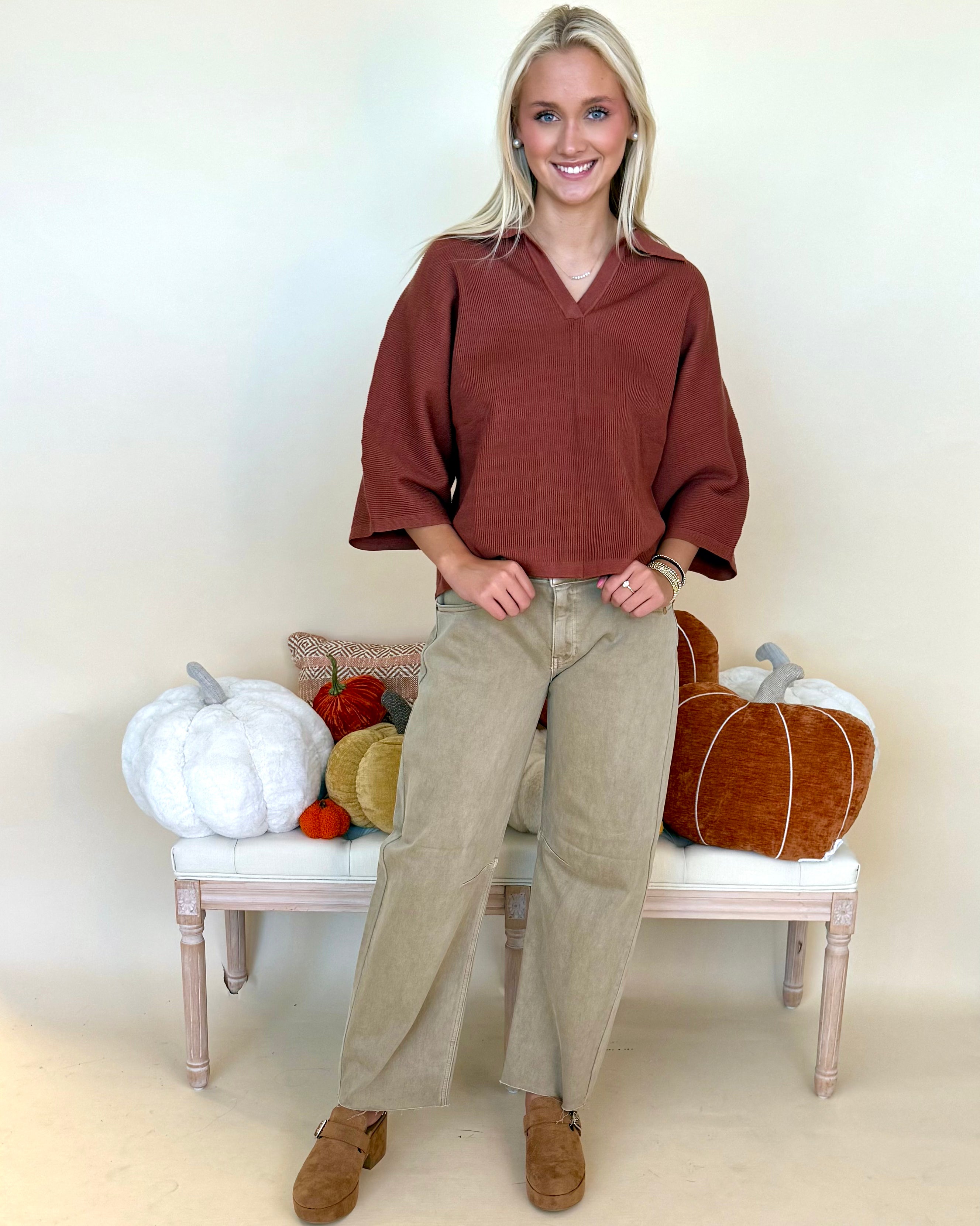 Staying Put Brown 3/4 Sleeve Collared Top-Shop-Womens-Boutique-Clothing