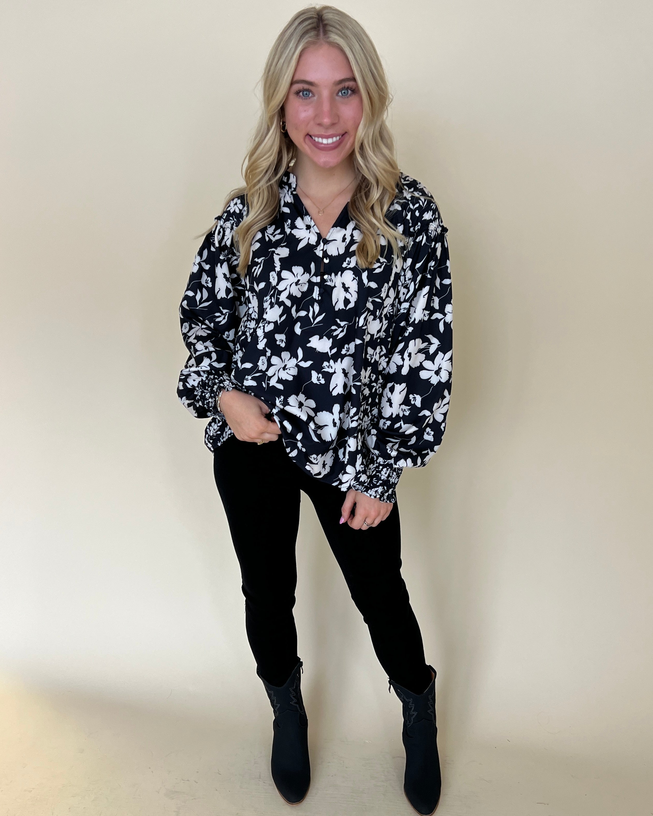 Never Late Black Mix Floral Smocked Top-Shop-Womens-Boutique-Clothing