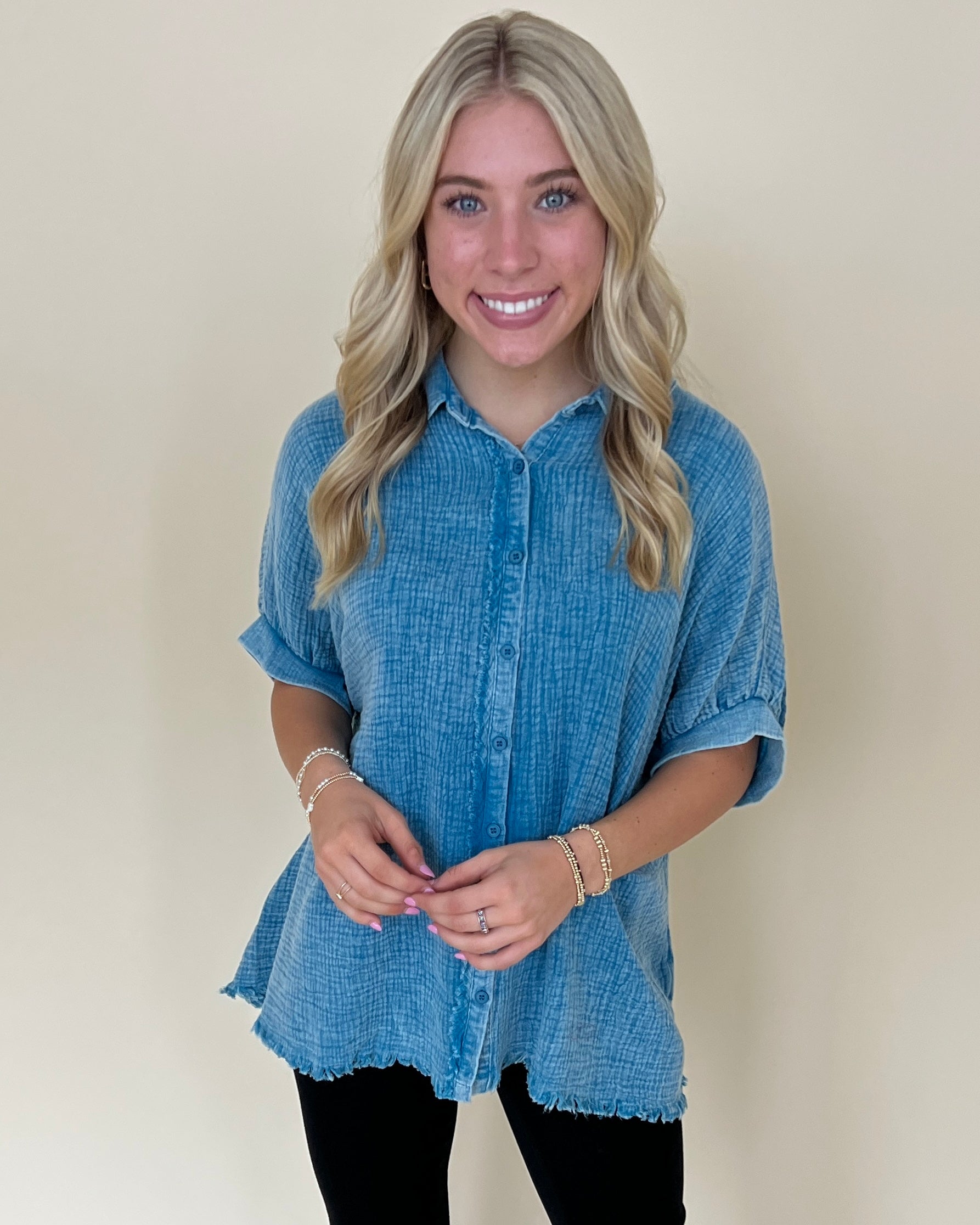 Beyond Today Teal Blue Crinkle Gauze Top-Shop-Womens-Boutique-Clothing