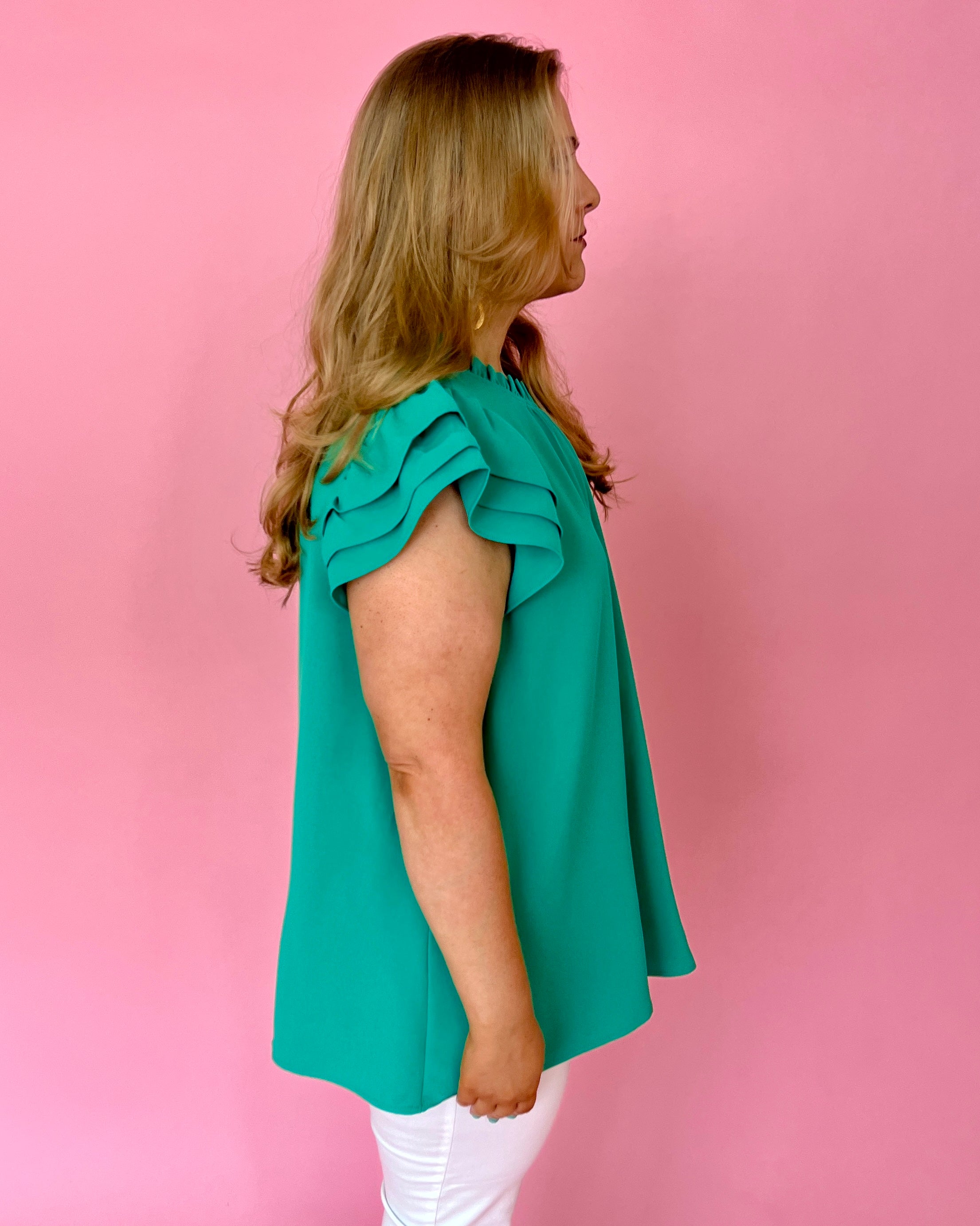 Sweet Daydreams Emerald Plus High Neck Ruffle Sleeve Top-Shop-Womens-Boutique-Clothing