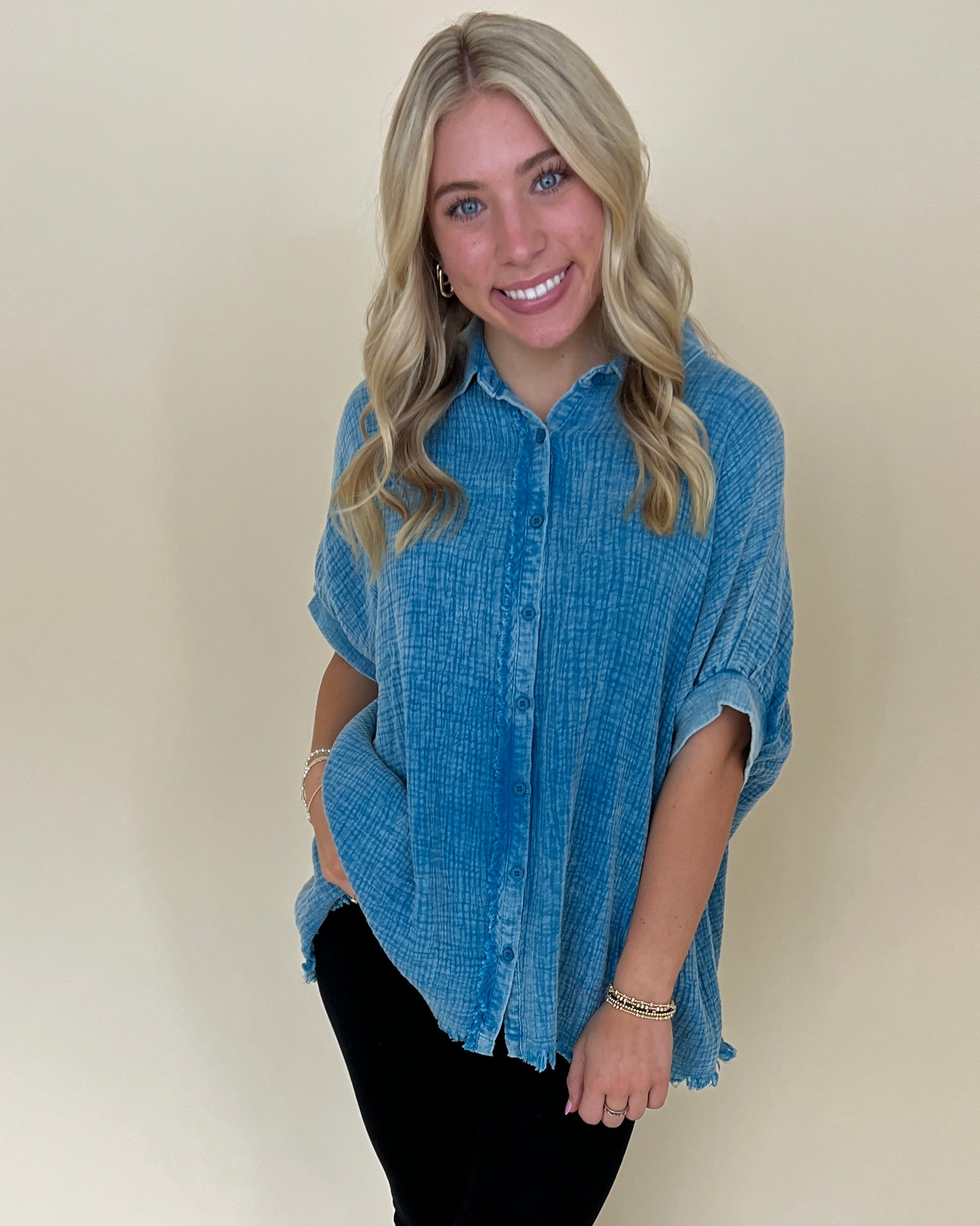 Beyond Today Teal Blue Crinkle Gauze Top-Shop-Womens-Boutique-Clothing