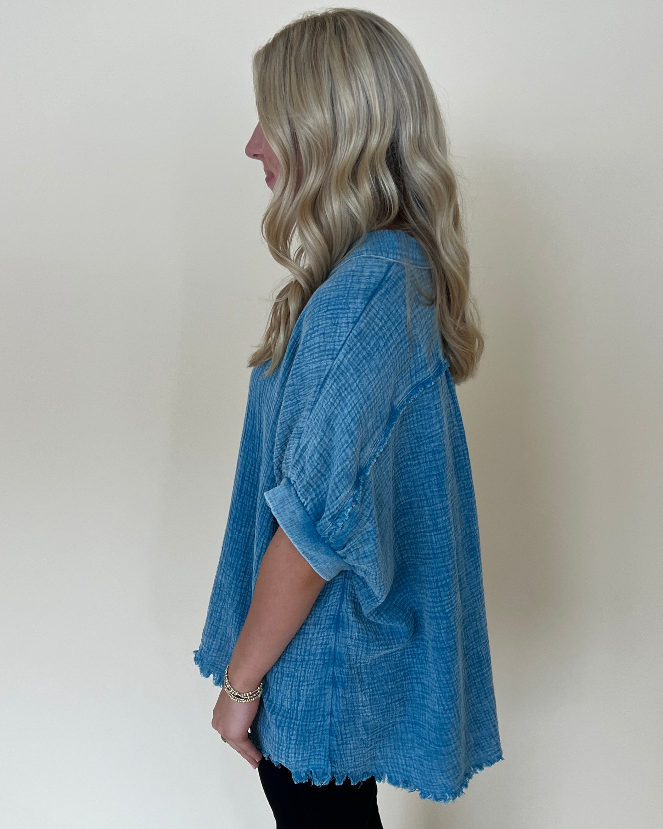 Beyond Today Teal Blue Crinkle Gauze Top-Shop-Womens-Boutique-Clothing