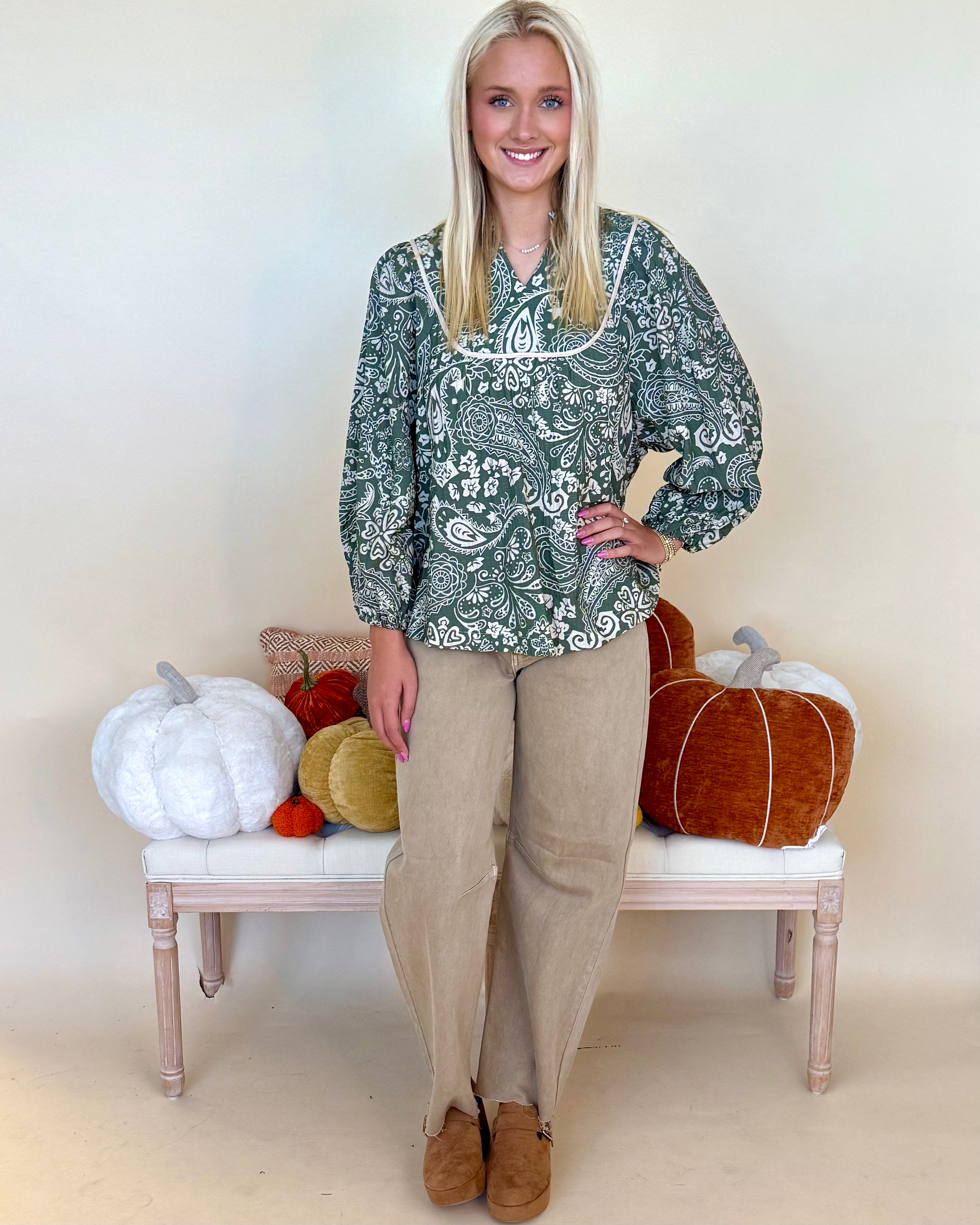 Plans Made Olive Paisley Pintuck Top-Shop-Womens-Boutique-Clothing