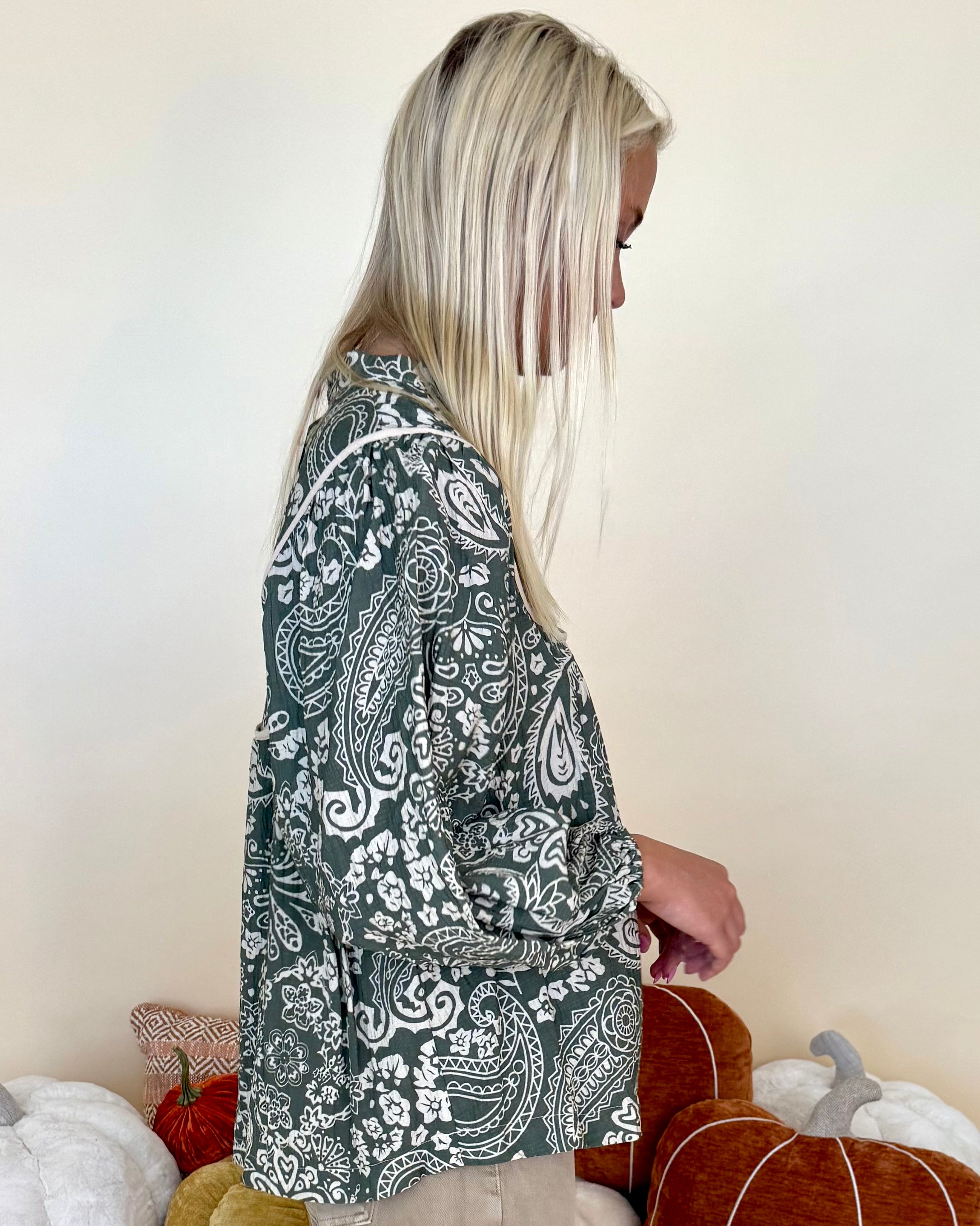 Plans Made Olive Paisley Pintuck Top-Shop-Womens-Boutique-Clothing