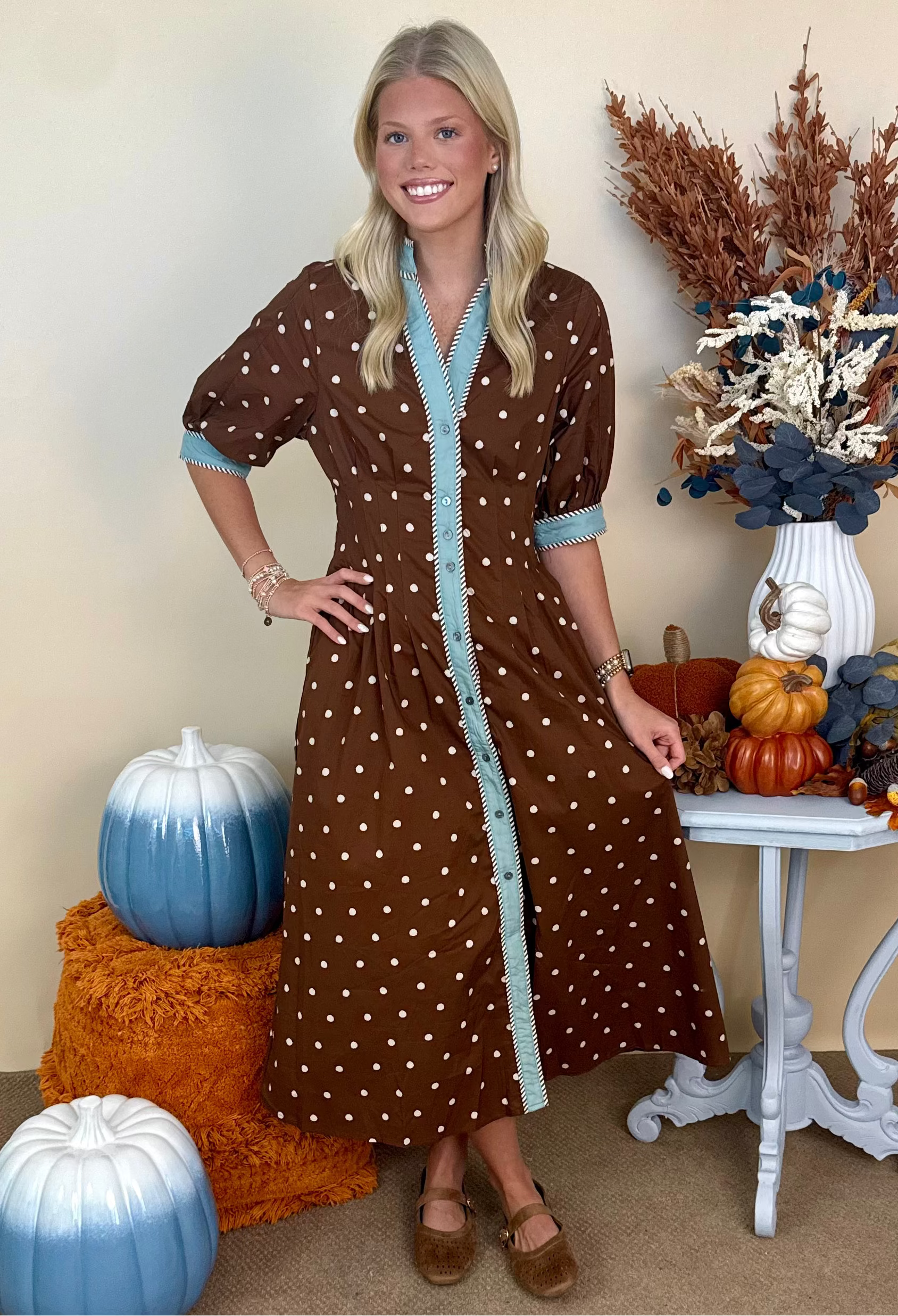 Pumpkin Picking Brown Polka Dot Midi Dress-Shop-Womens-Boutique-Clothing