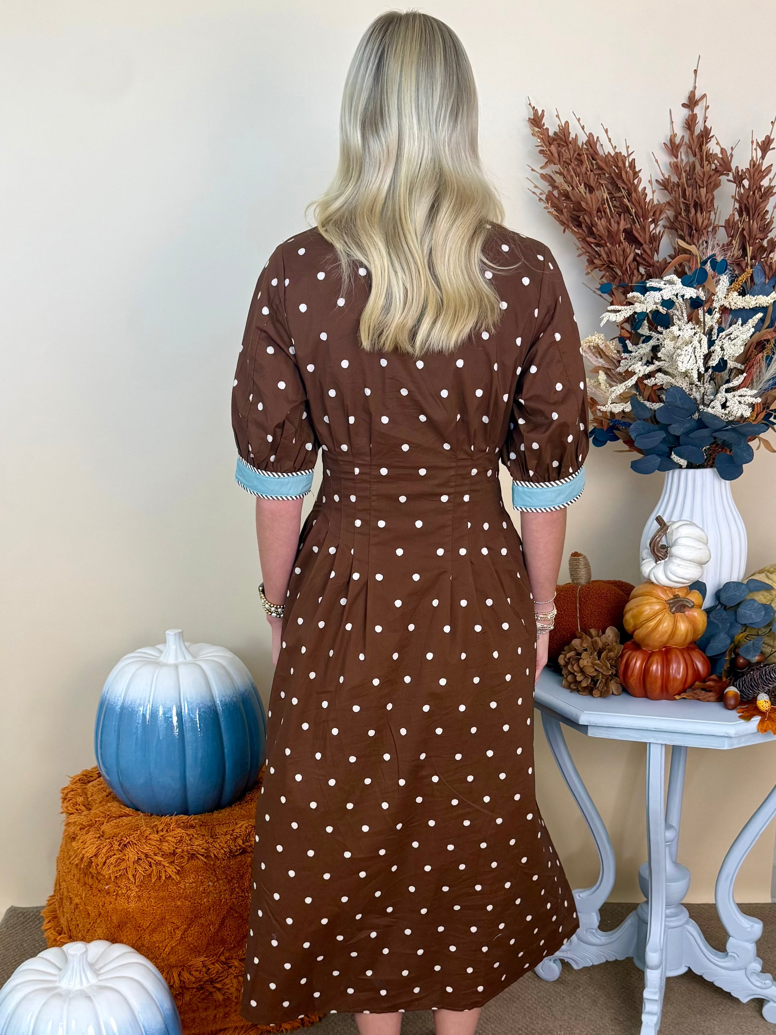 Pumpkin Picking Brown Polka Dot Midi Dress-Shop-Womens-Boutique-Clothing