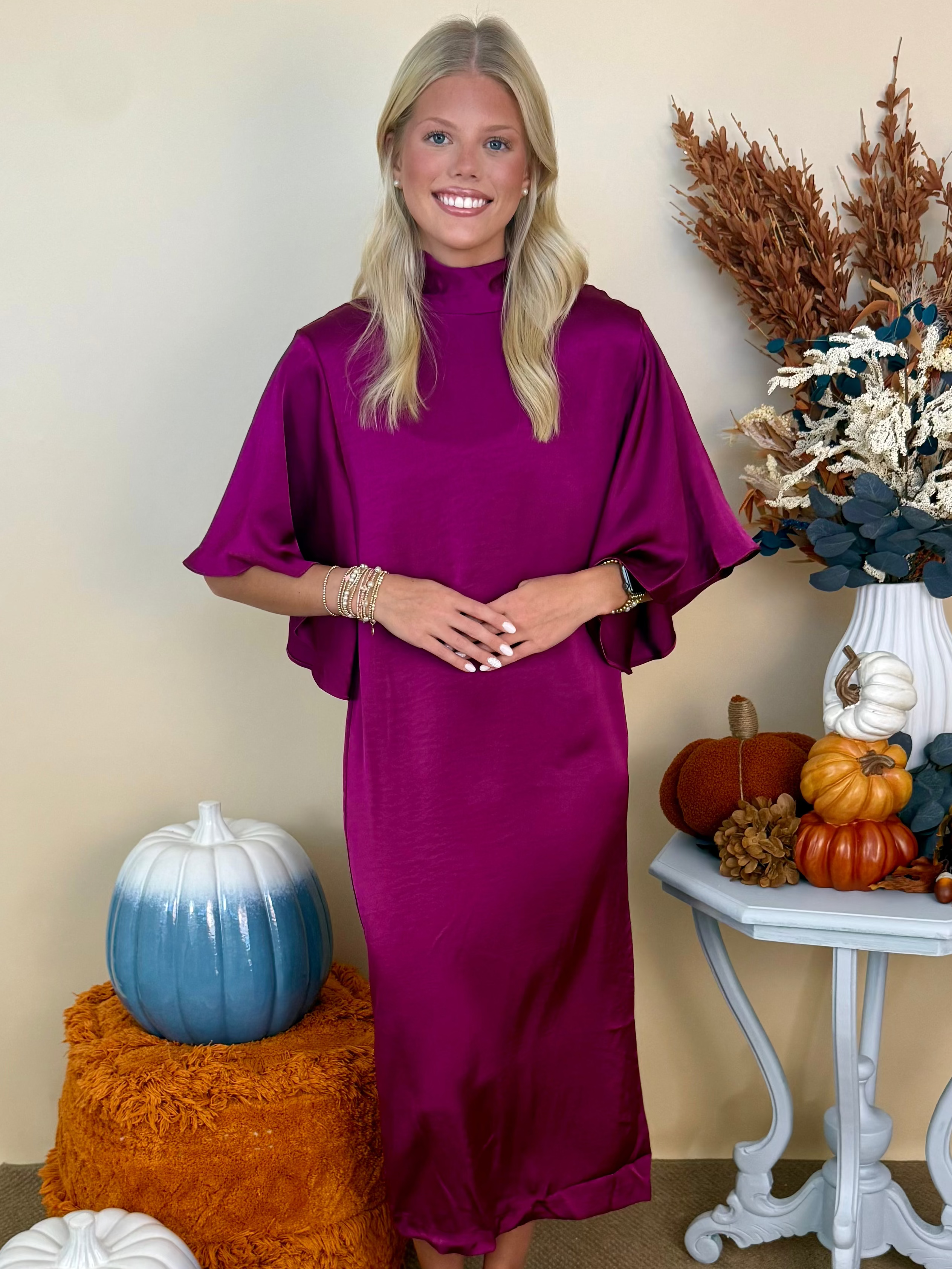 Well Chosen Plum Flowy Satin Bow Back Midi Dress-Shop-Womens-Boutique-Clothing