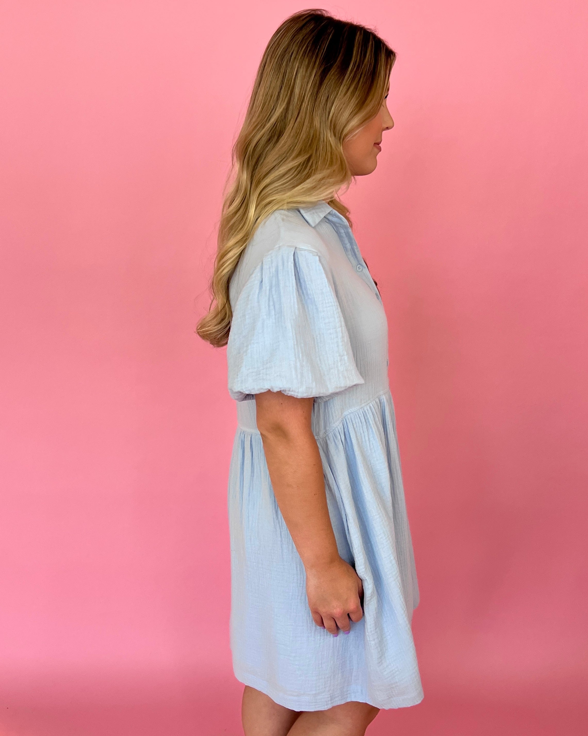 Second To None Sky Blue Collared Puff Sleeve Dress-Shop-Womens-Boutique-Clothing