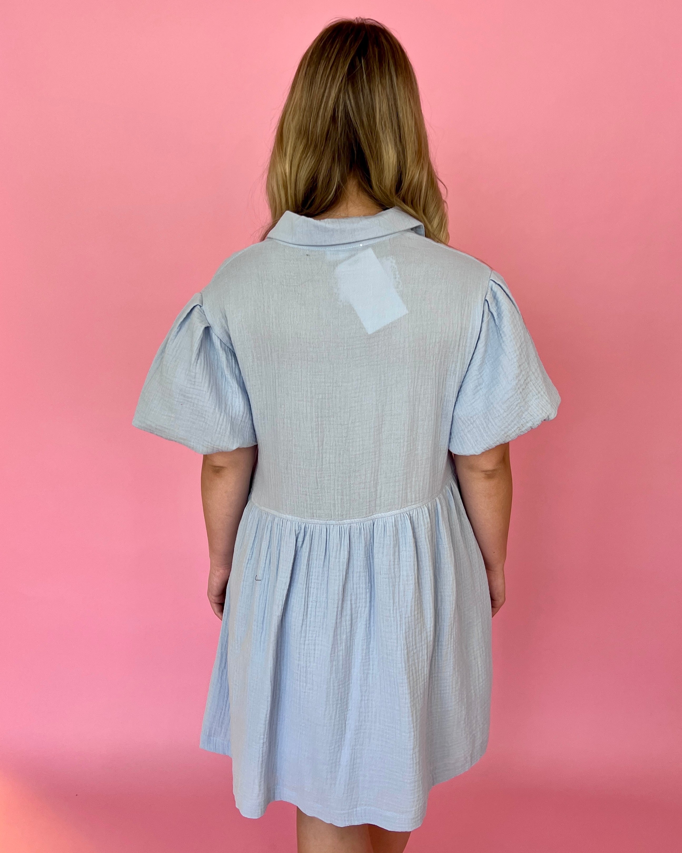 Second To None Sky Blue Collared Puff Sleeve Dress-Shop-Womens-Boutique-Clothing