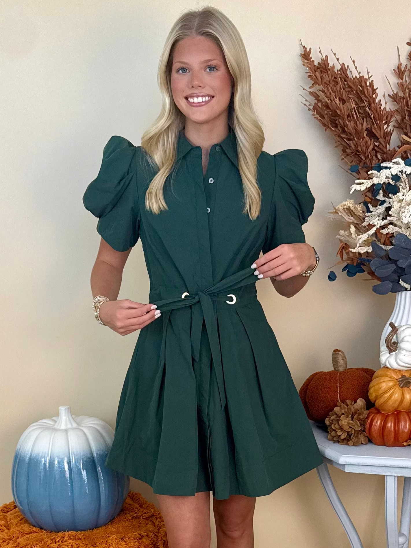 Fall Reverie H Green Tie Waist Dress-Shop-Womens-Boutique-Clothing