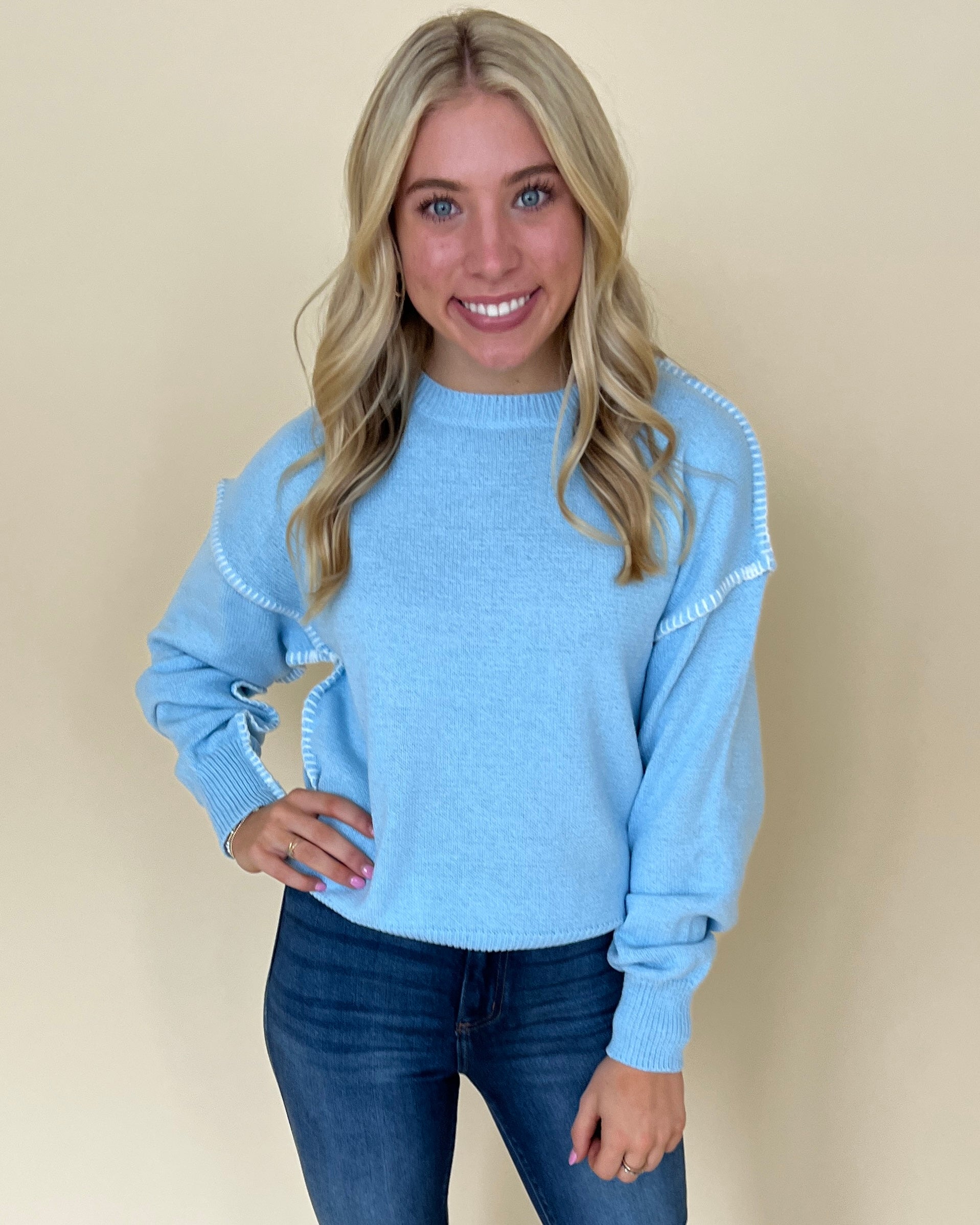 Right Here Lt Blue Contrast Stitching Sweater-Shop-Womens-Boutique-Clothing