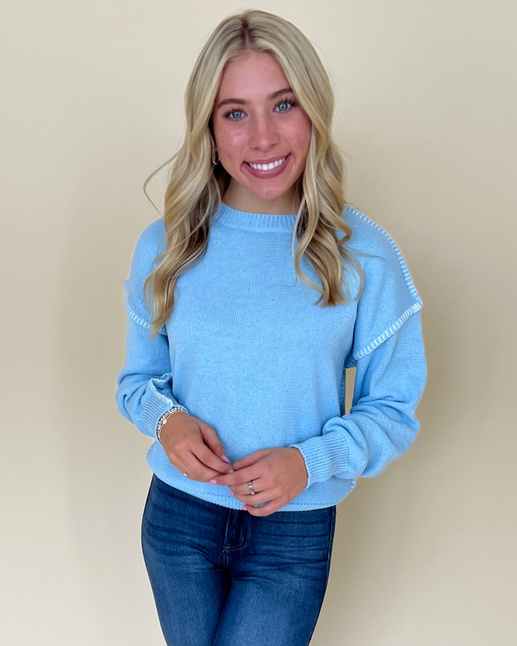 Right Here Lt Blue Contrast Stitching Sweater-Shop-Womens-Boutique-Clothing