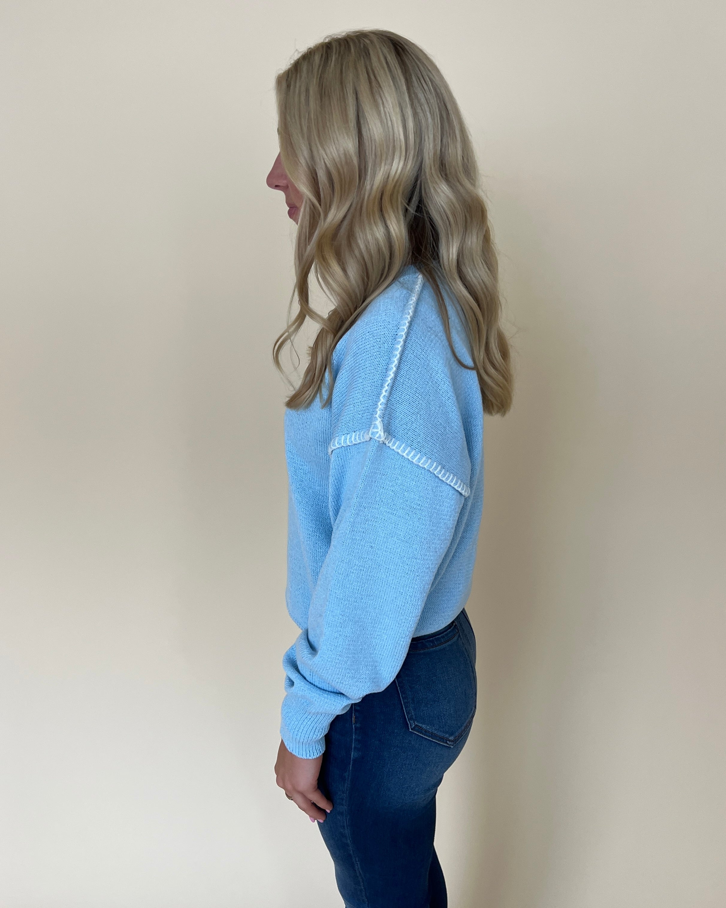 Right Here Lt Blue Contrast Stitching Sweater-Shop-Womens-Boutique-Clothing