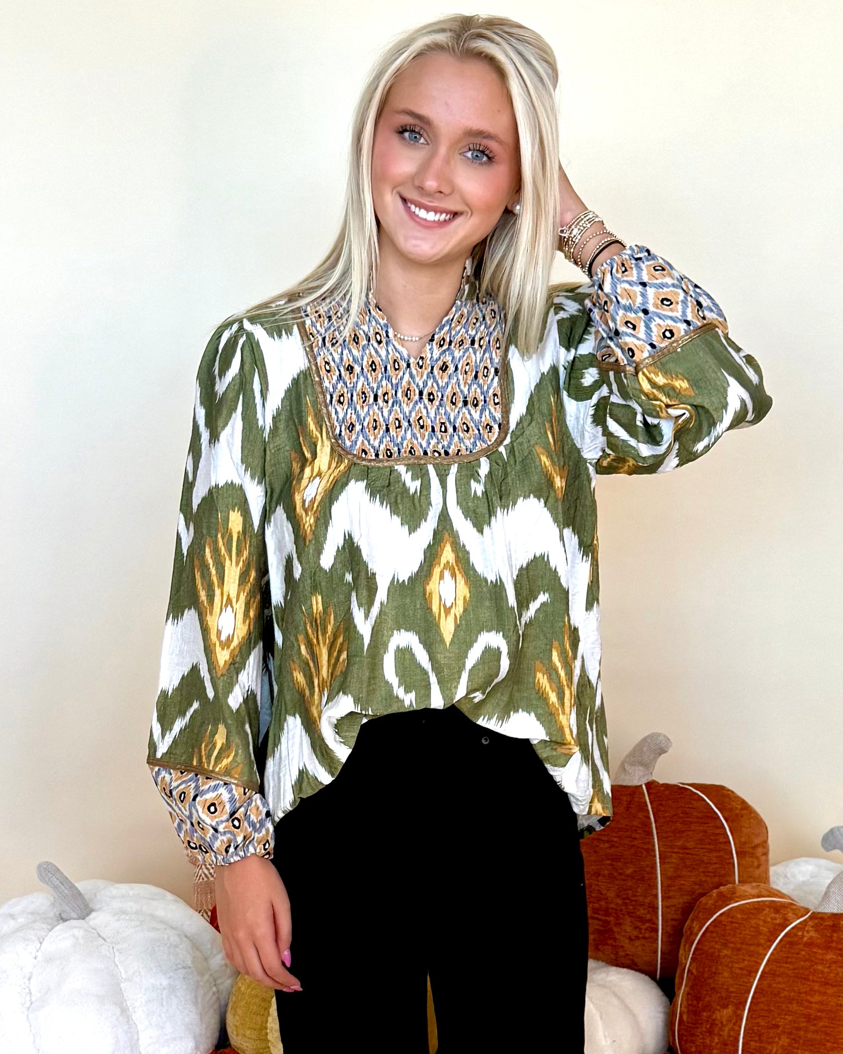 Harvest Hues Olive Ikat Boho Top-Shop-Womens-Boutique-Clothing