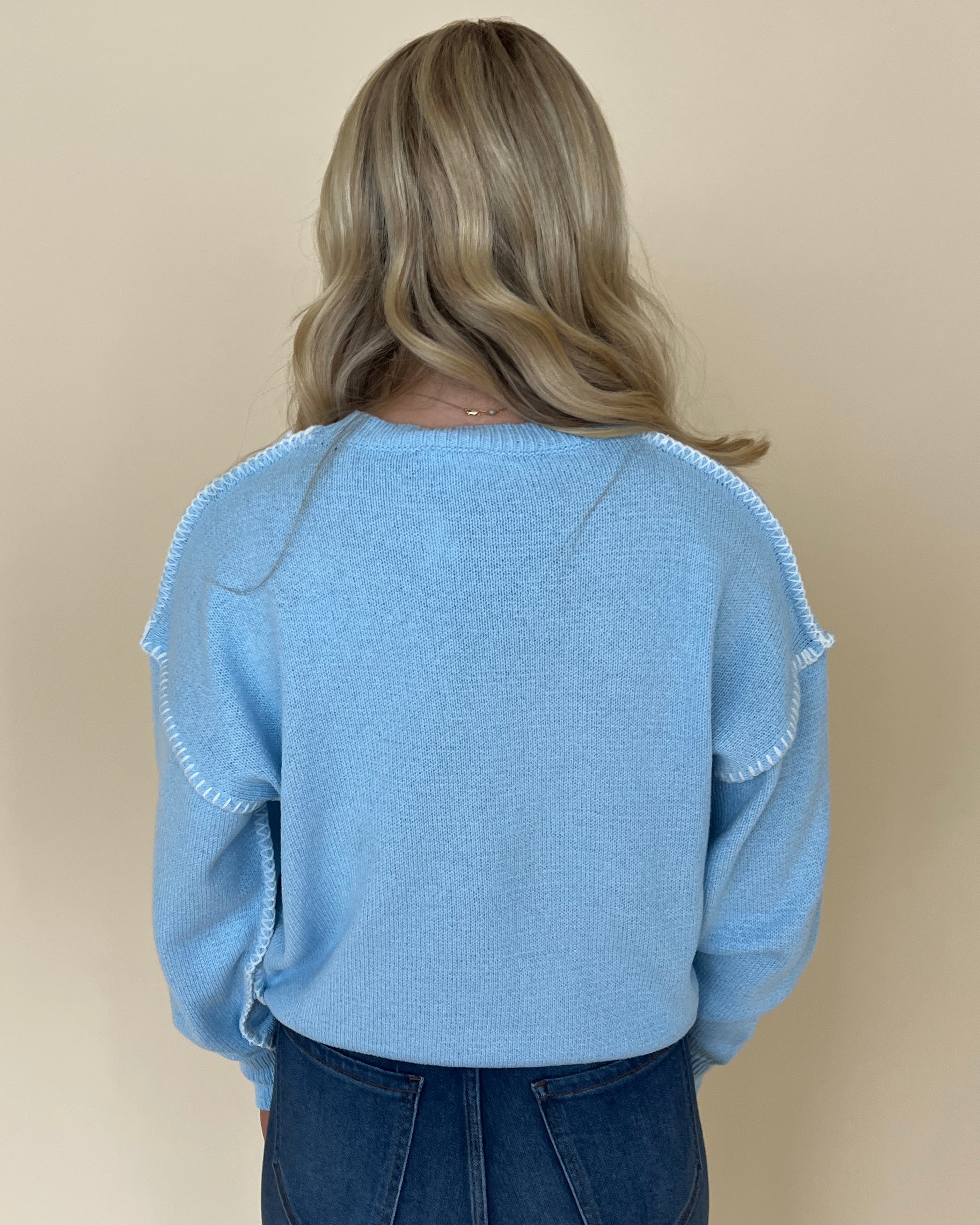 Right Here Lt Blue Contrast Stitching Sweater-Shop-Womens-Boutique-Clothing
