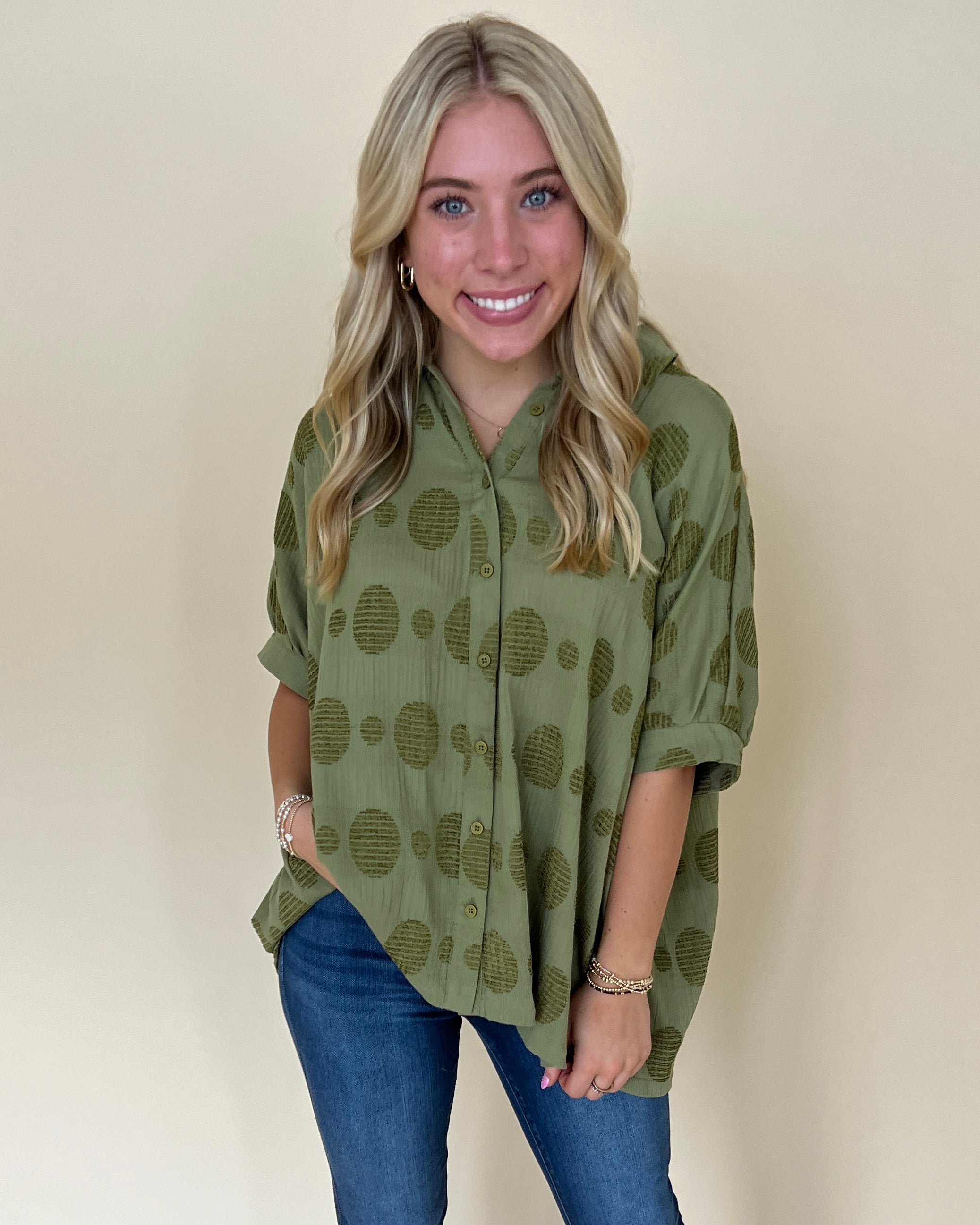 I Need You Olive Green Textured Dot Collared Top-Shop-Womens-Boutique-Clothing