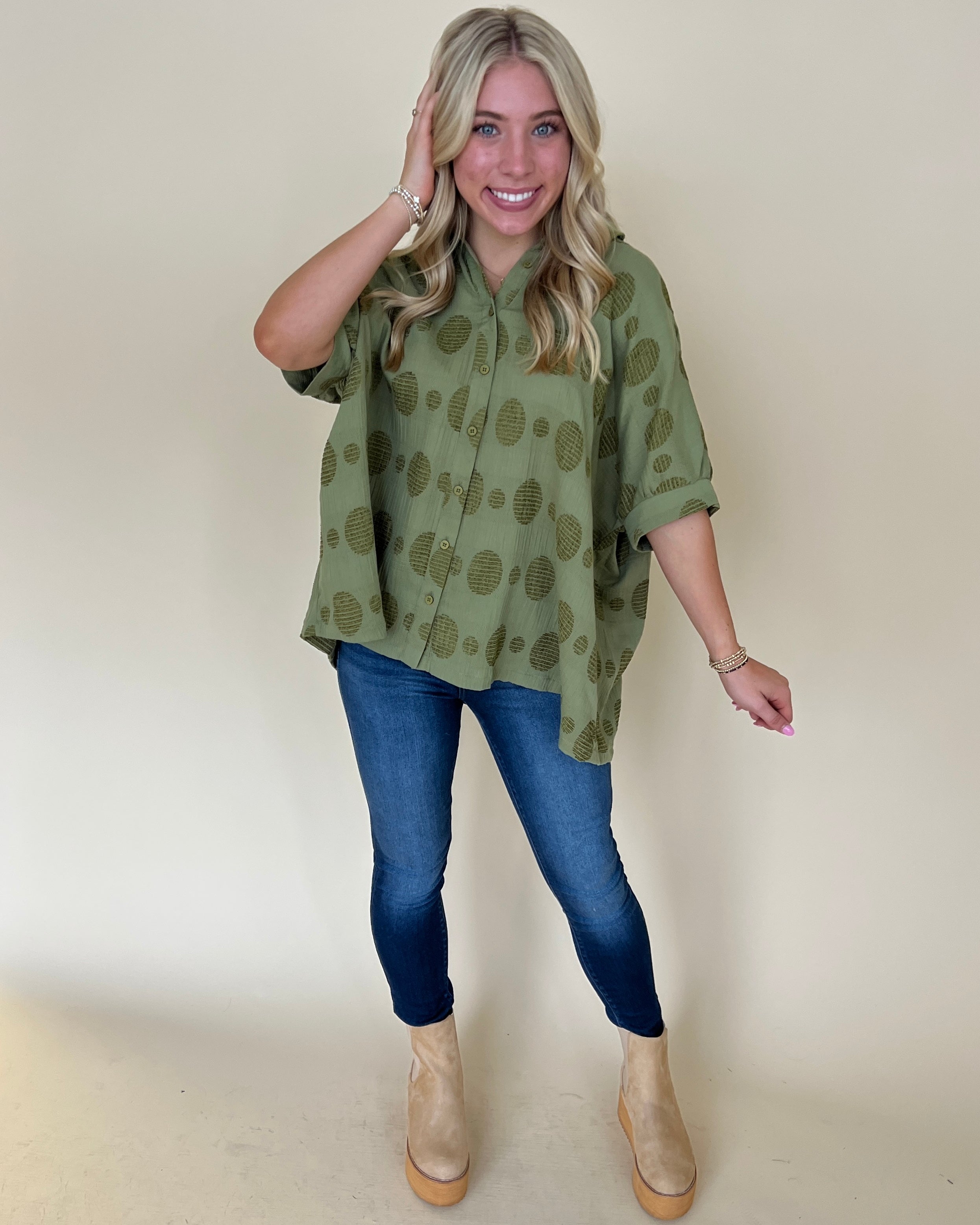 I Need You Olive Green Textured Dot Collared Top-Shop-Womens-Boutique-Clothing