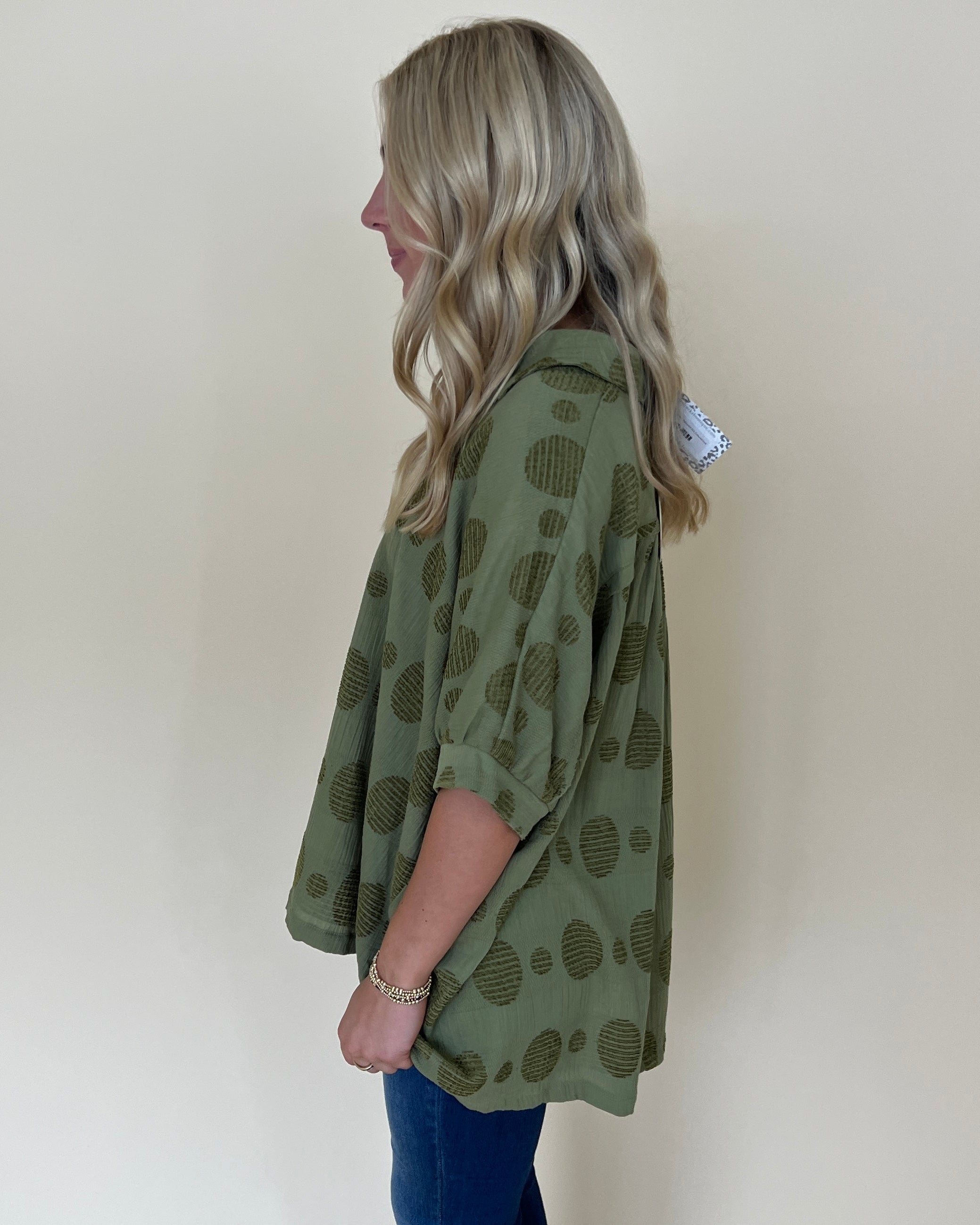 I Need You Olive Green Textured Dot Collared Top-Shop-Womens-Boutique-Clothing