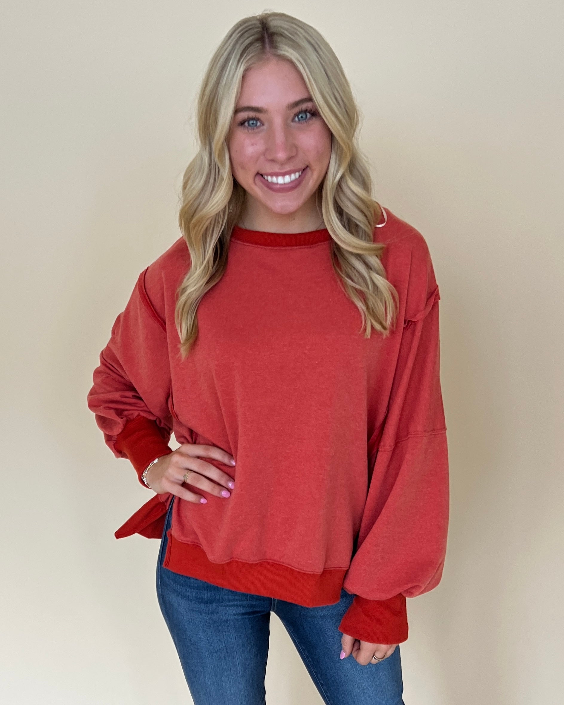 Holding Me Brick Raw Edge Sweatshirt-Shop-Womens-Boutique-Clothing