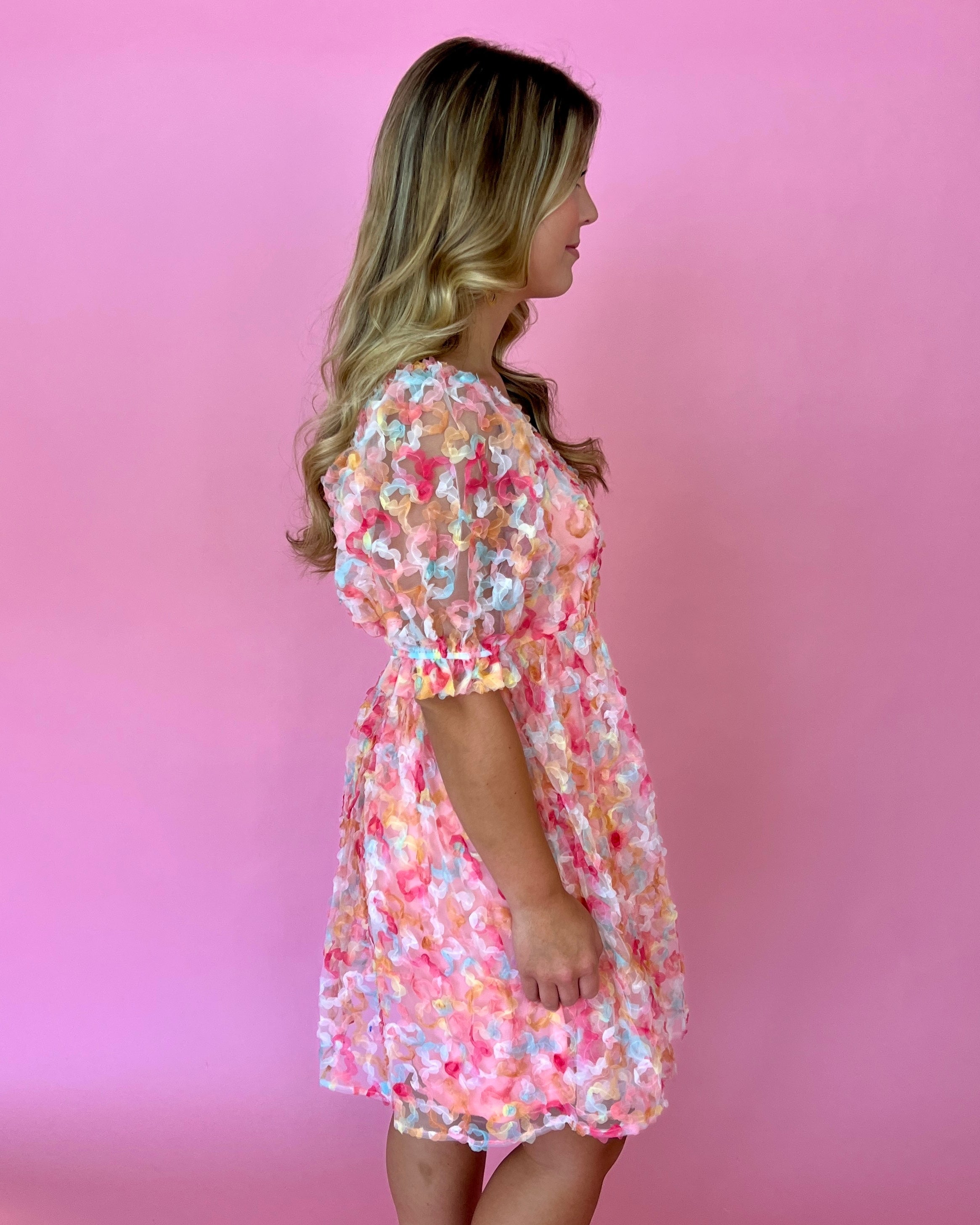 Happy Ever After Coral Appliqué Puff Sleeve Babydoll Dress-Shop-Womens-Boutique-Clothing