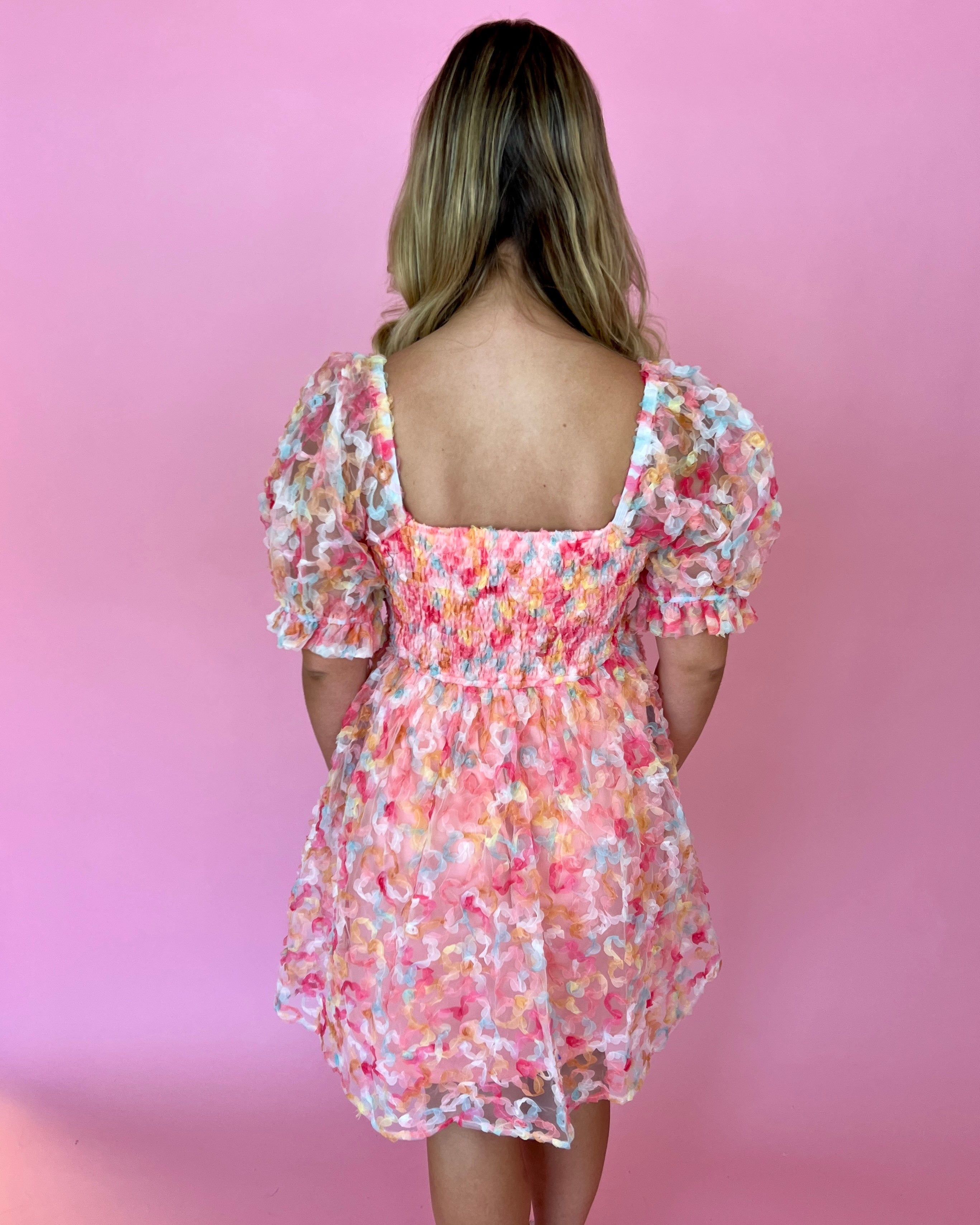 Happy Ever After Coral Appliqué Puff Sleeve Babydoll Dress-Shop-Womens-Boutique-Clothing