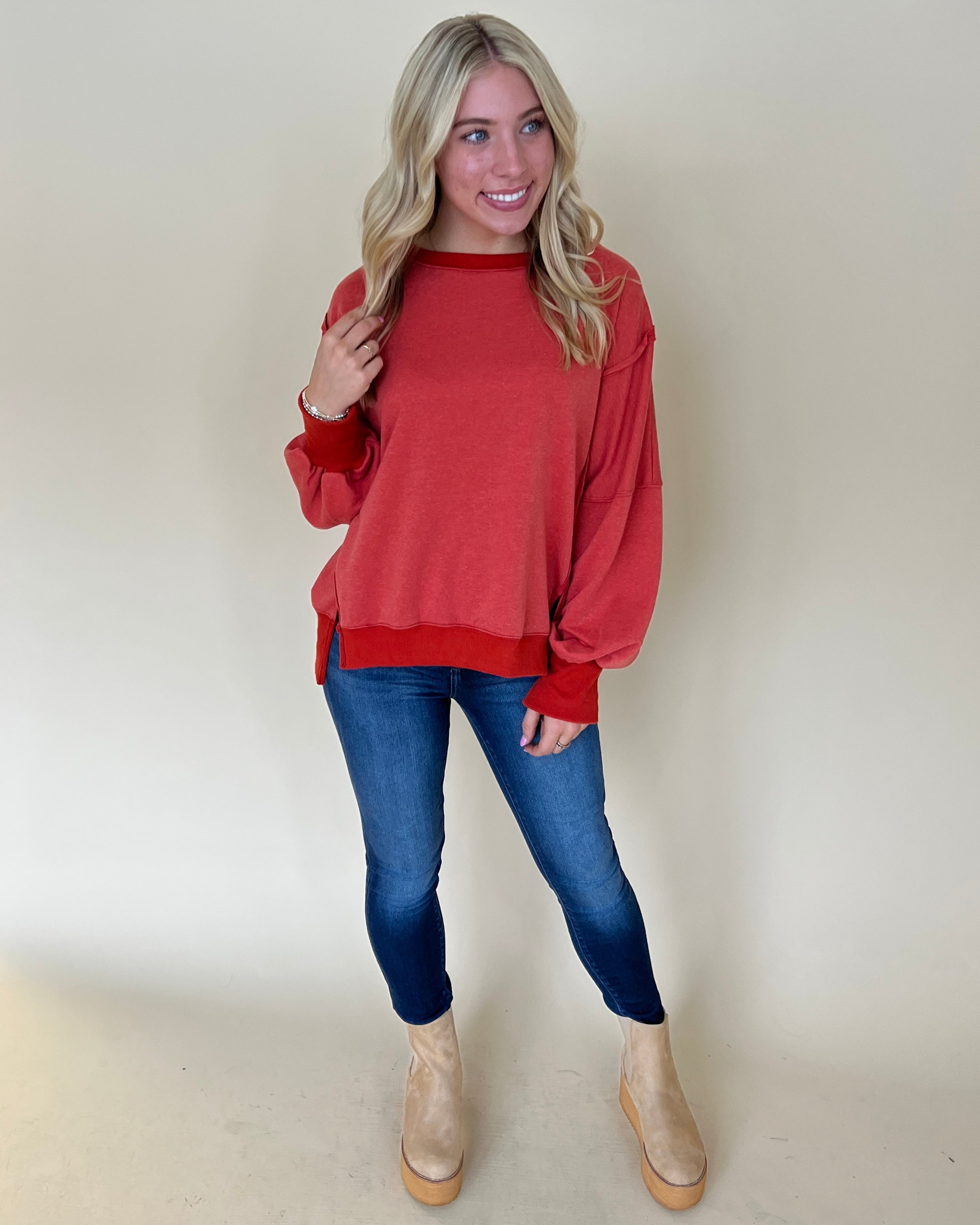 Holding Me Brick Raw Edge Sweatshirt-Shop-Womens-Boutique-Clothing