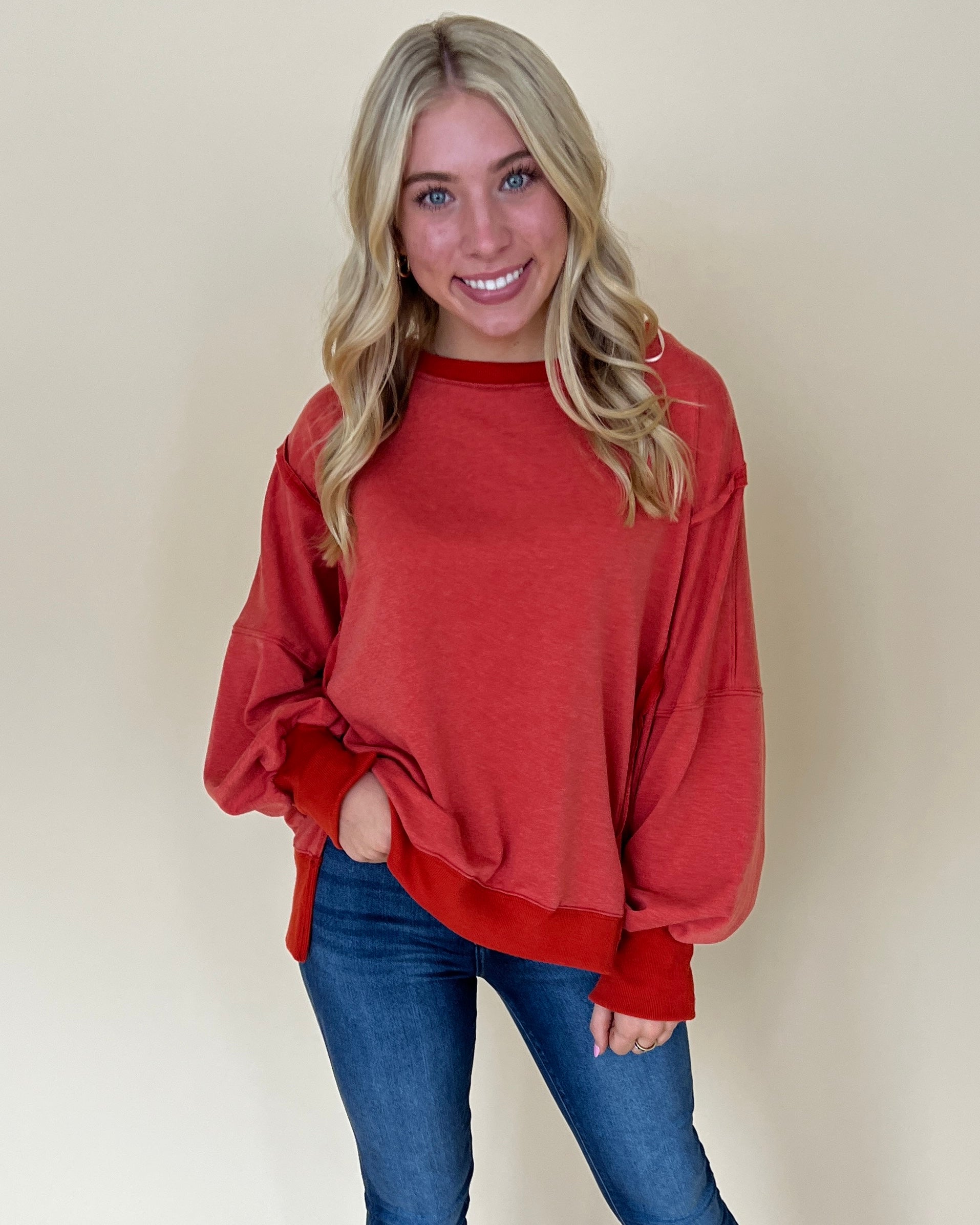 Holding Me Brick Raw Edge Sweatshirt-Shop-Womens-Boutique-Clothing