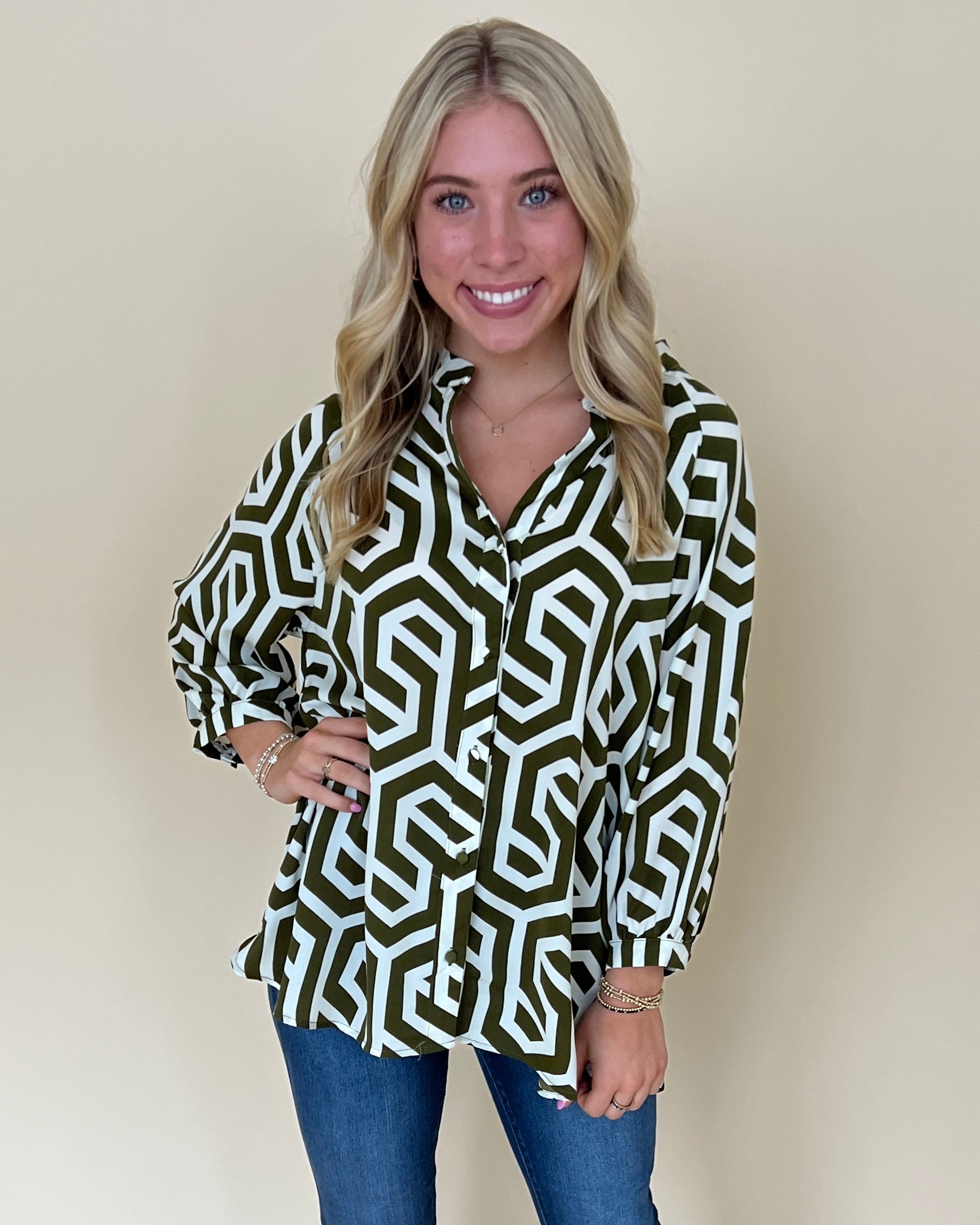 Plain Sight Olive Geometric Print Top-Shop-Womens-Boutique-Clothing