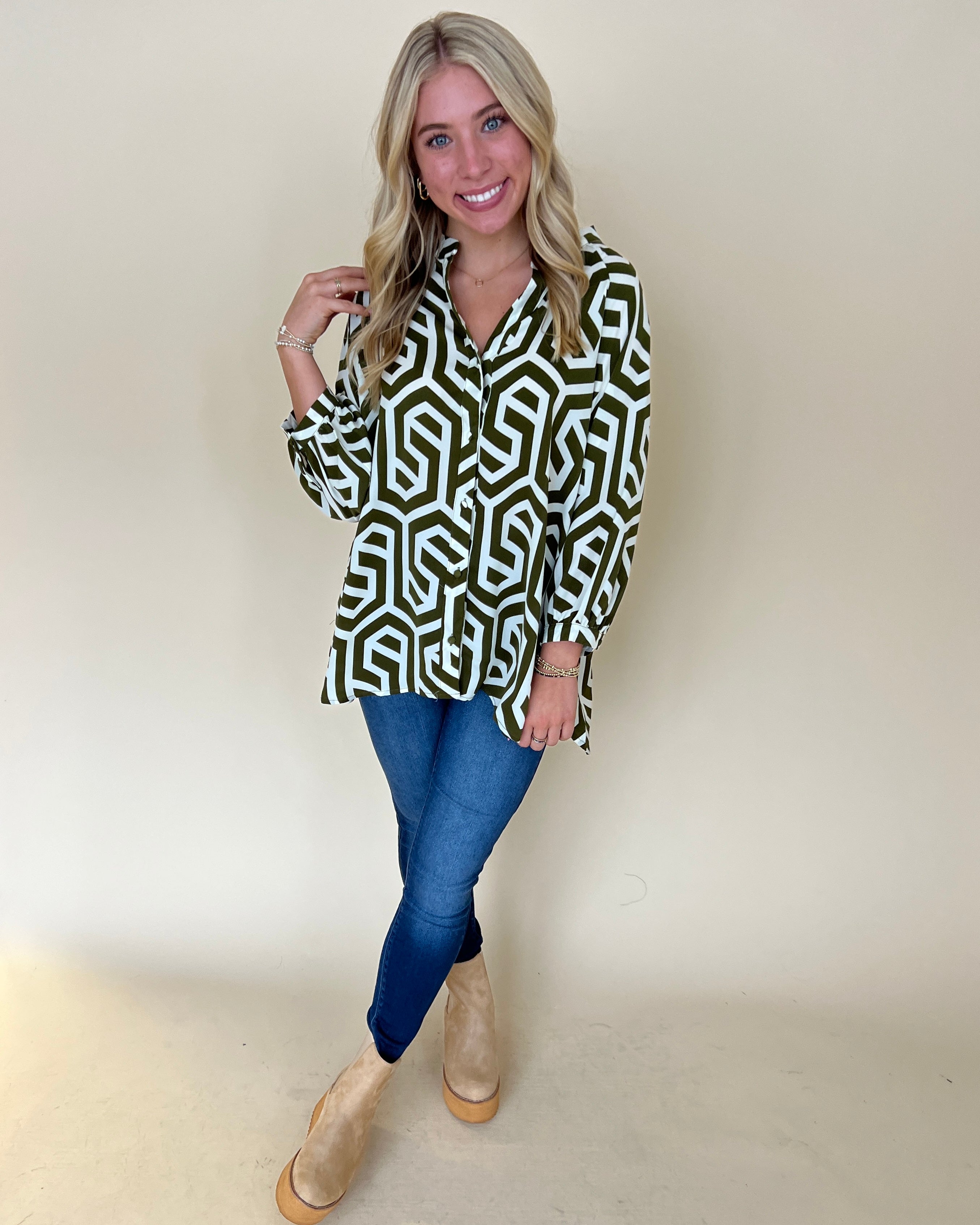 Plain Sight Olive Geometric Print Top-Shop-Womens-Boutique-Clothing