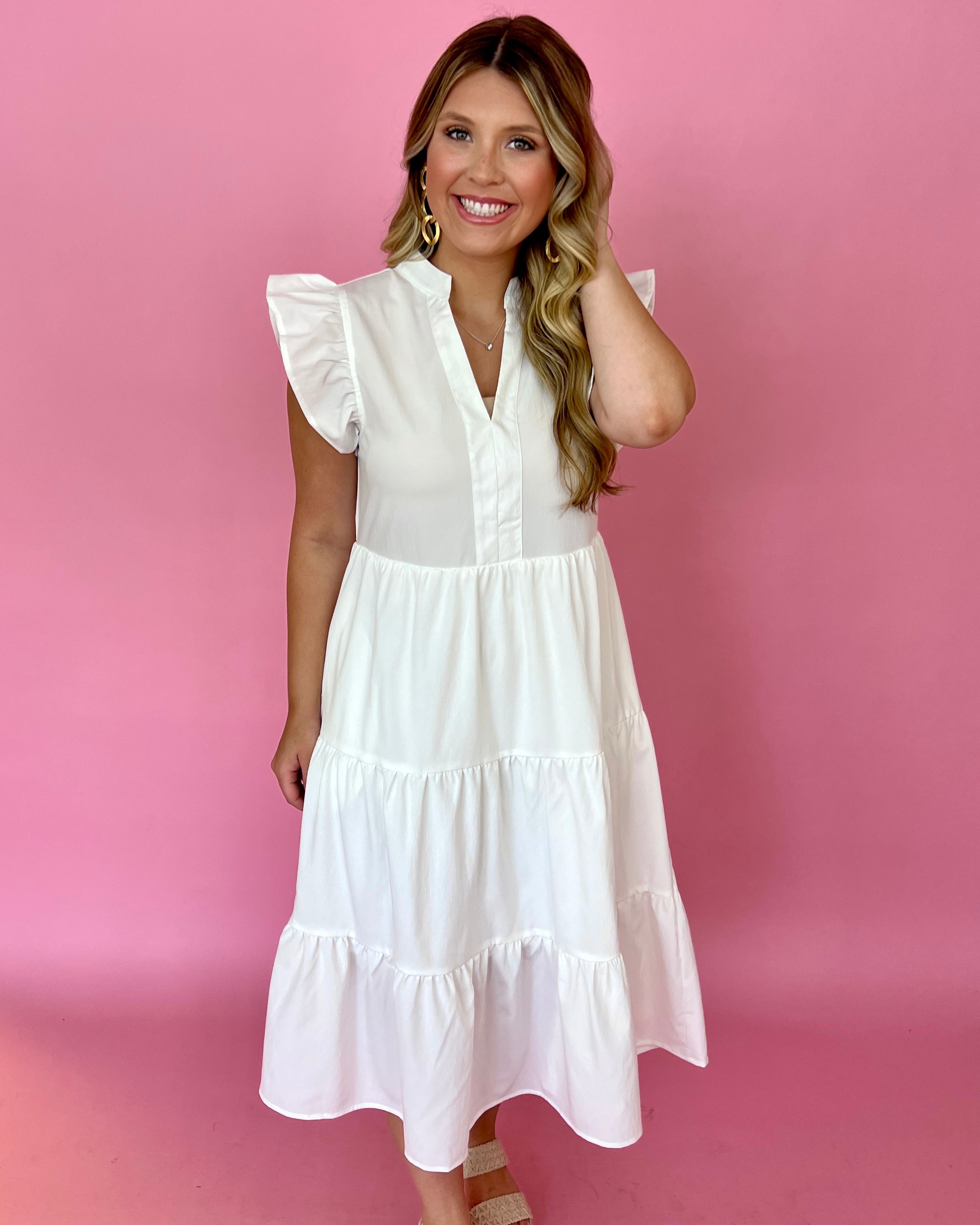 Going Places Off White Ruffle Tiered Split Neck Maxi Dress-Shop-Womens-Boutique-Clothing
