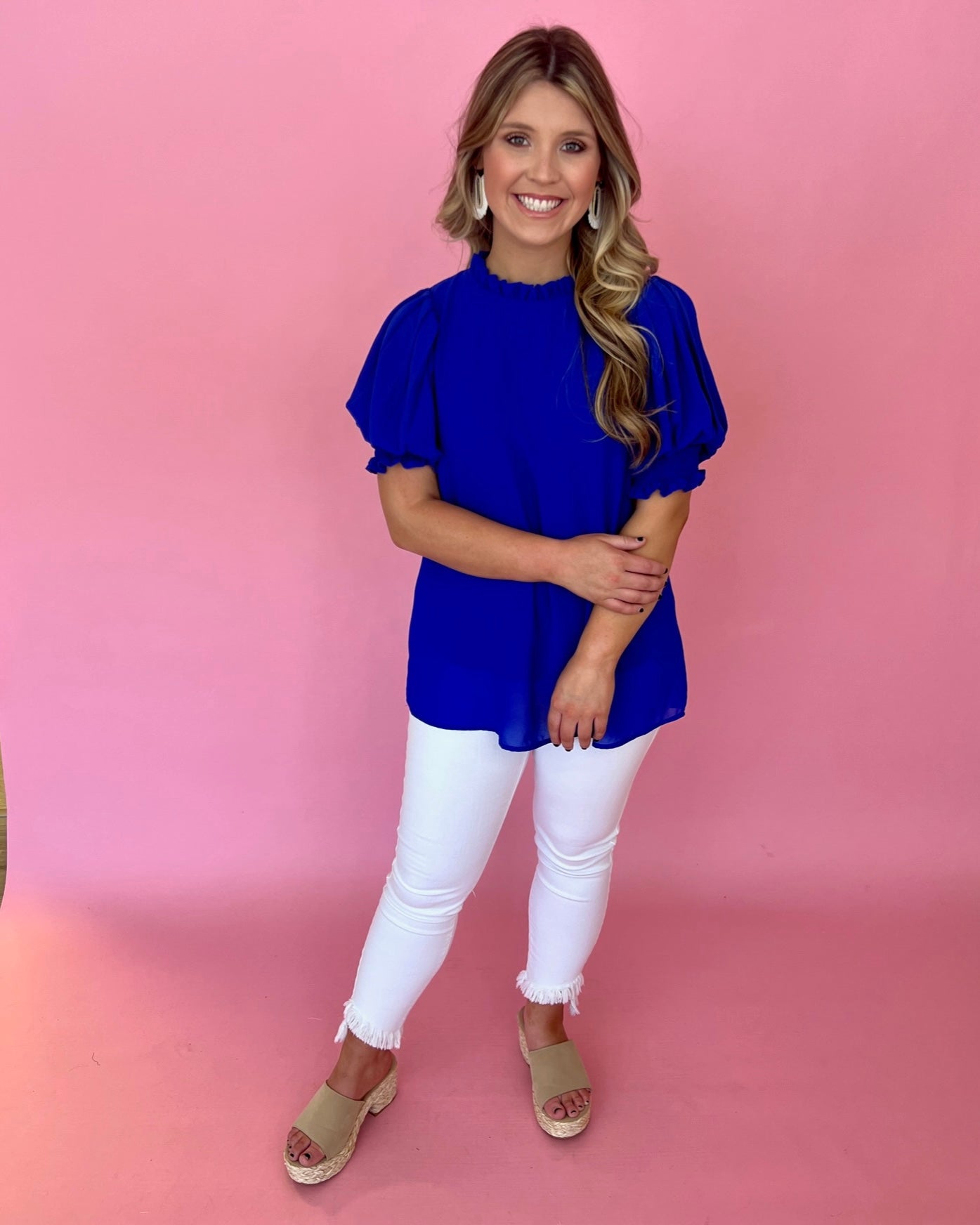 Keep An Eye Out Royal Puff Sleeve High Neck Top-Shop-Womens-Boutique-Clothing