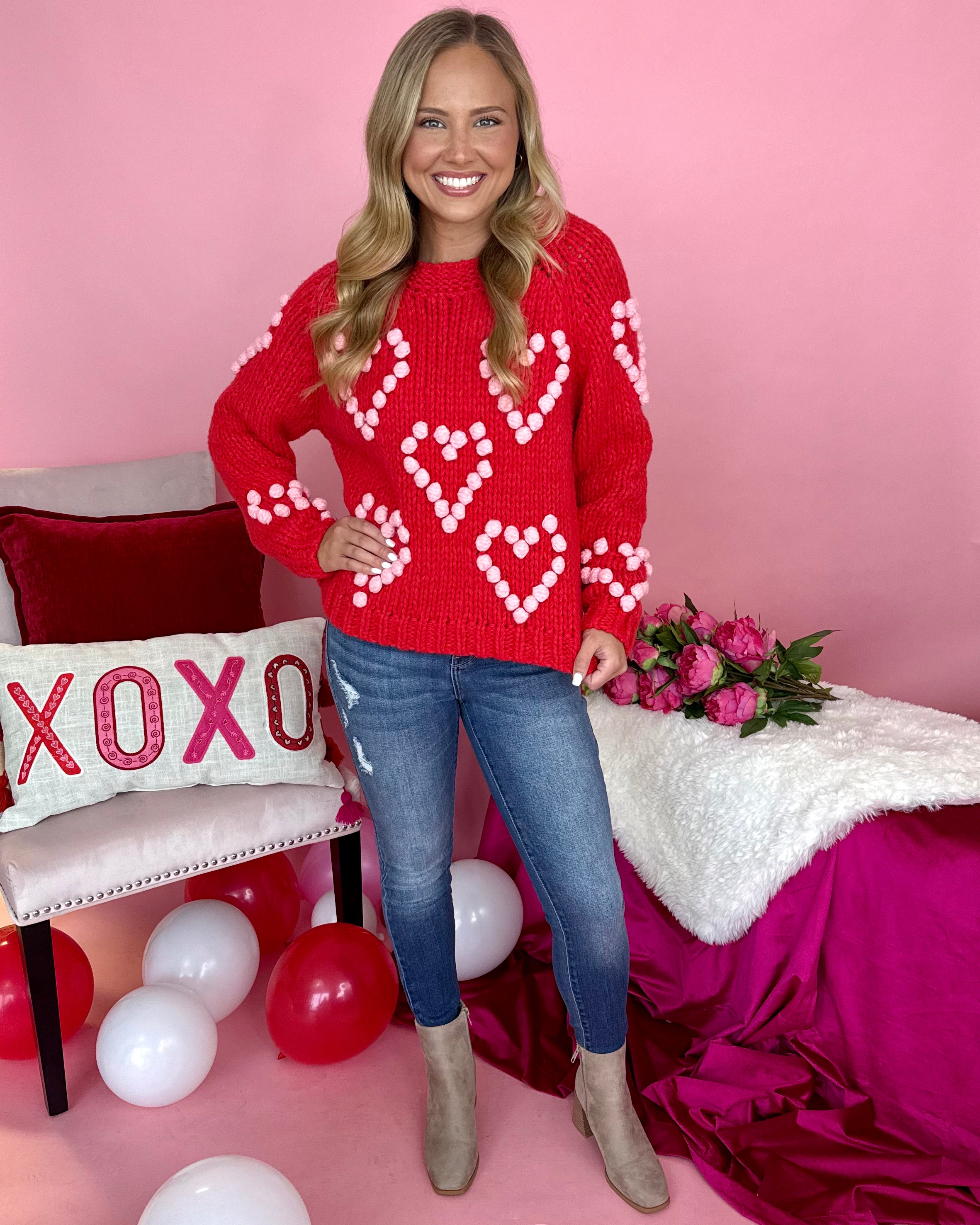 Bold Love Red/Blush Pom Sweater-Shop-Womens-Boutique-Clothing