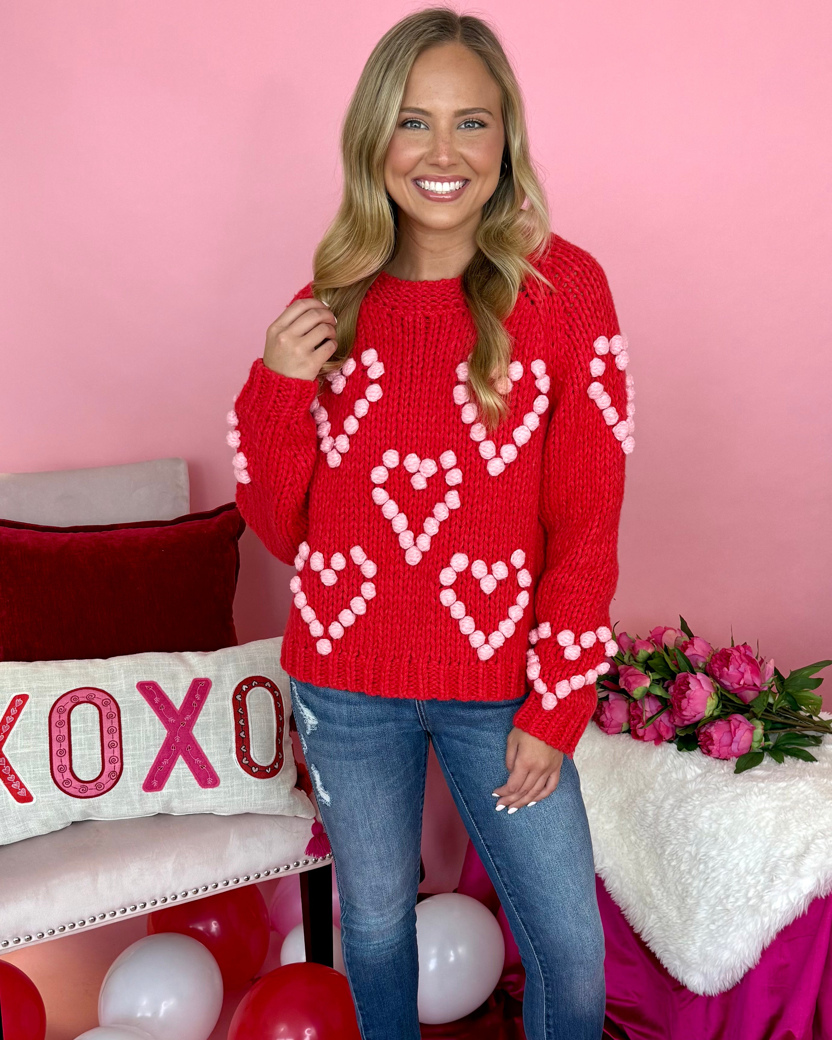 Bold Love Red/Blush Pom Sweater-Shop-Womens-Boutique-Clothing
