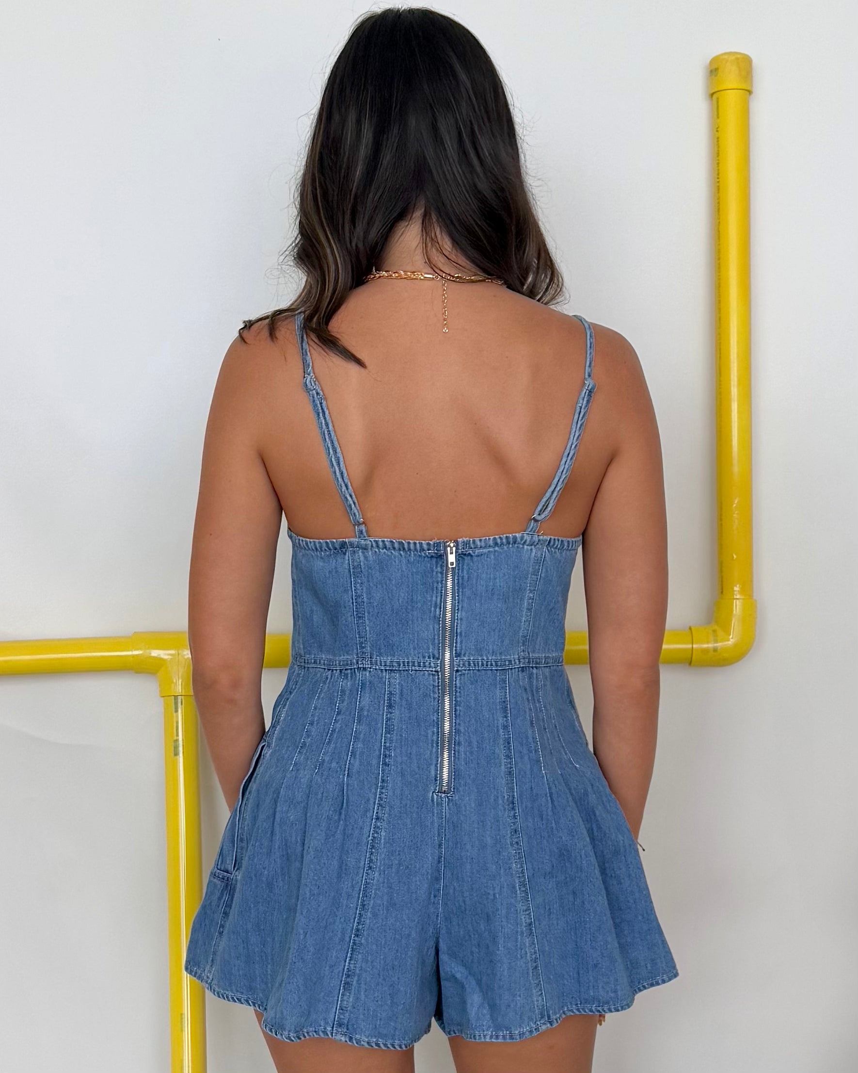Newsworthy Medium Wash Denim Bow Romper-Shop-Womens-Boutique-Clothing