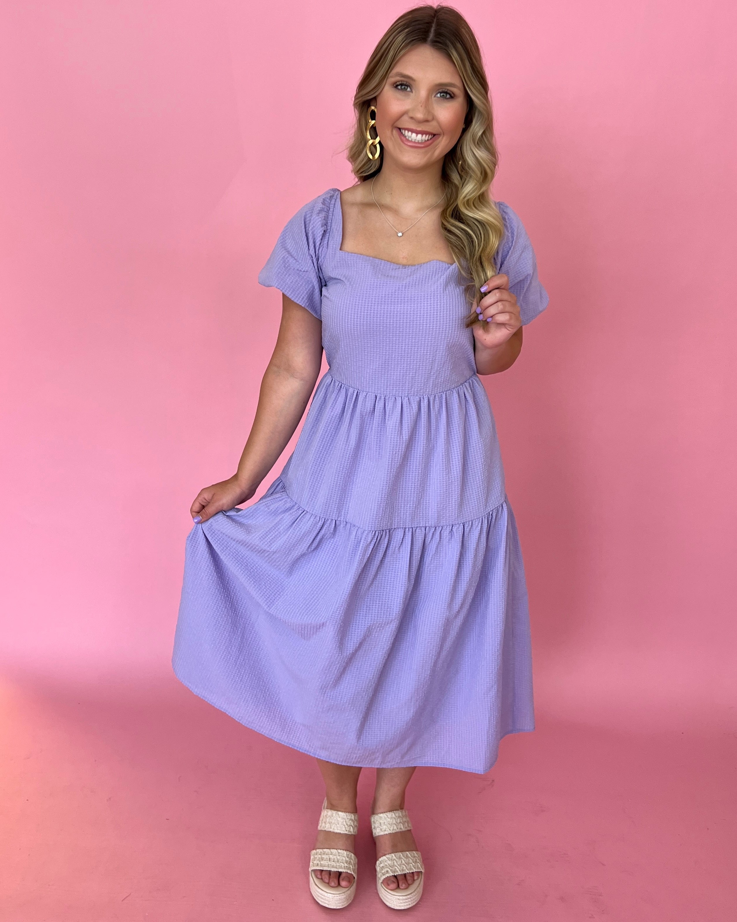 Top Rank Lavender Square Neck Puff Sleeve Midi Dress-Shop-Womens-Boutique-Clothing